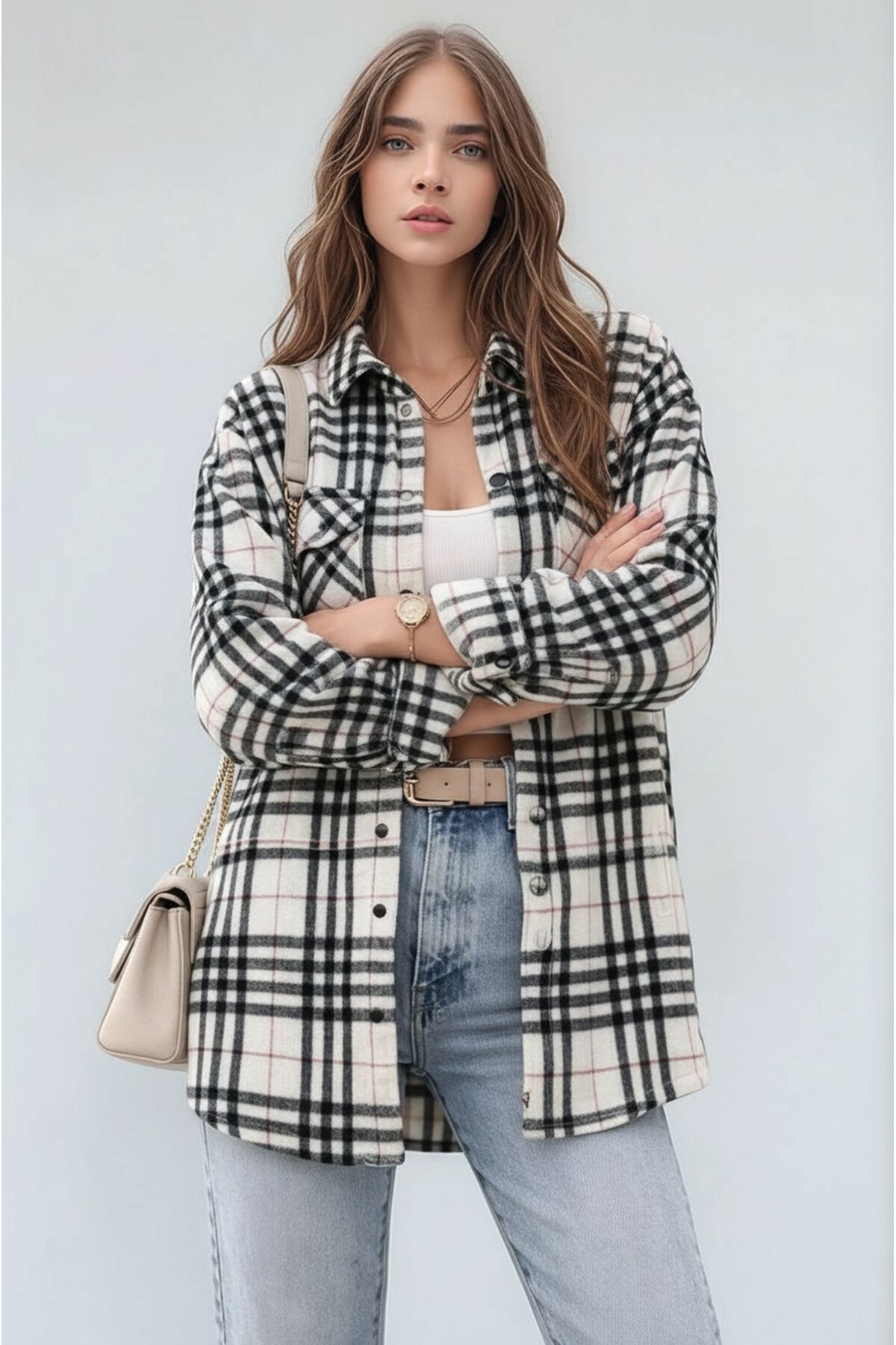 Kadın Desen Bloklu Oduncu Oversize Bol ve Geniş Kalıp Casual Cepli Yakalı Ceket Gömlek