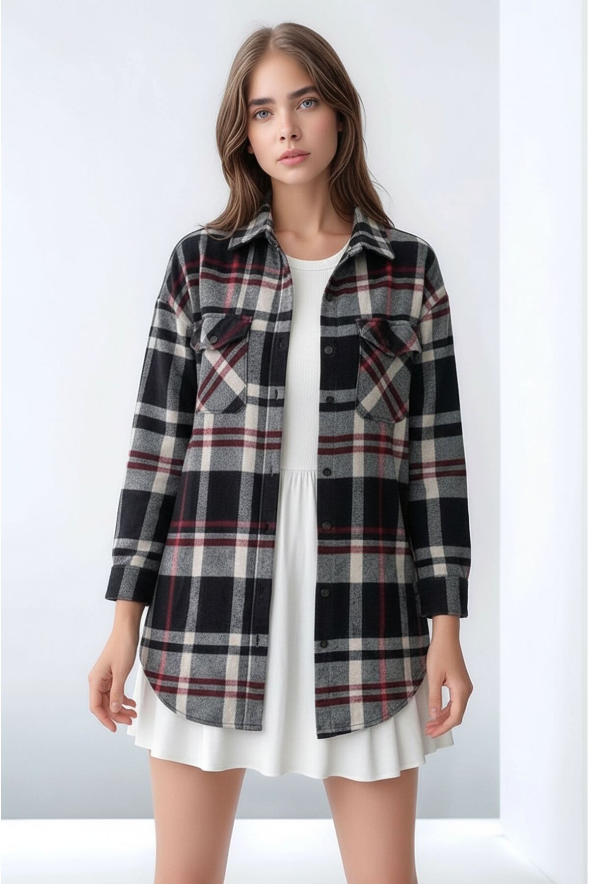 Kadın Desen Bloklu Oduncu Oversize Bol ve Geniş Kalıp Casual Cepli Yakalı Ceket Gömlek