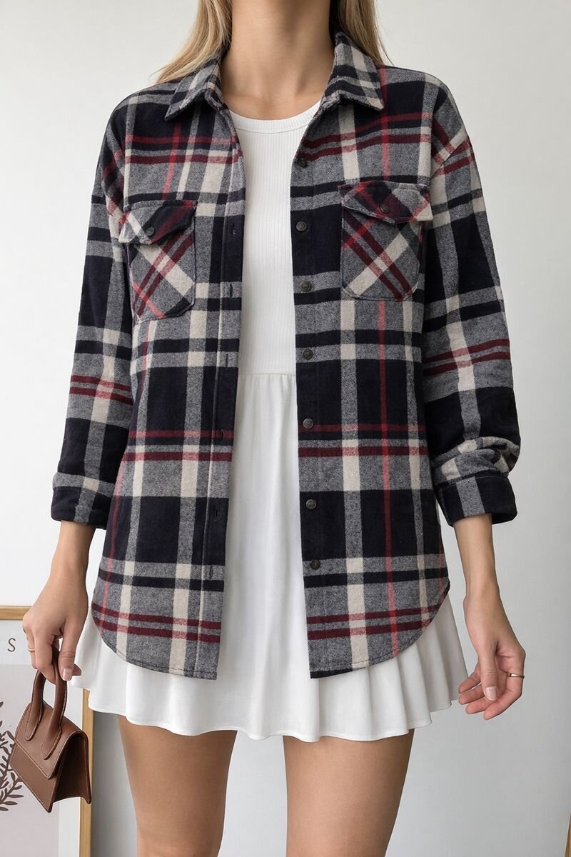 Kadın Desen Bloklu Oduncu Oversize Bol ve Geniş Kalıp Casual Cepli Yakalı Ceket Gömlek