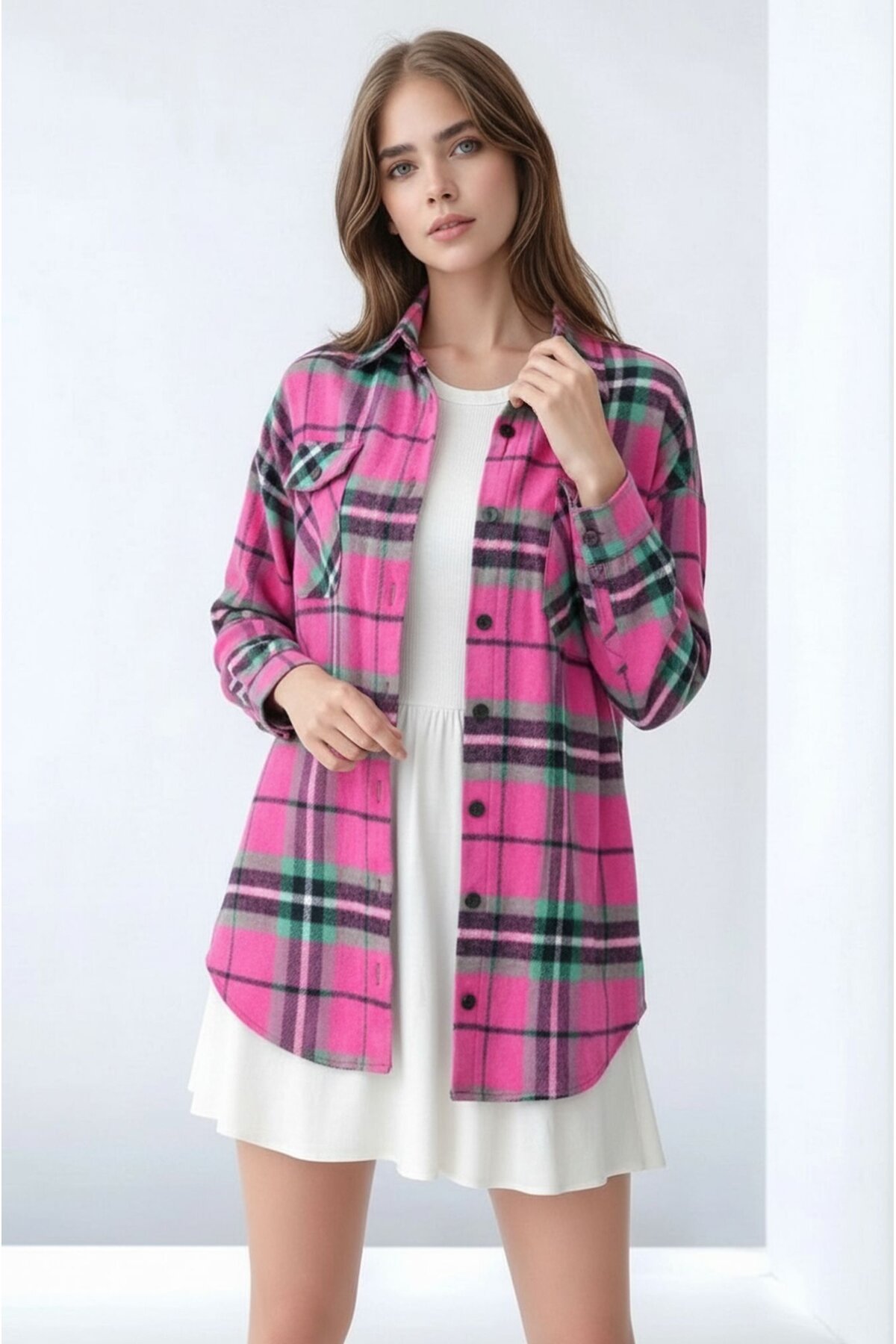 Kadın Desen Bloklu Oduncu Oversize Bol ve Geniş Kalıp Casual Cepli Yakalı Ceket Gömlek