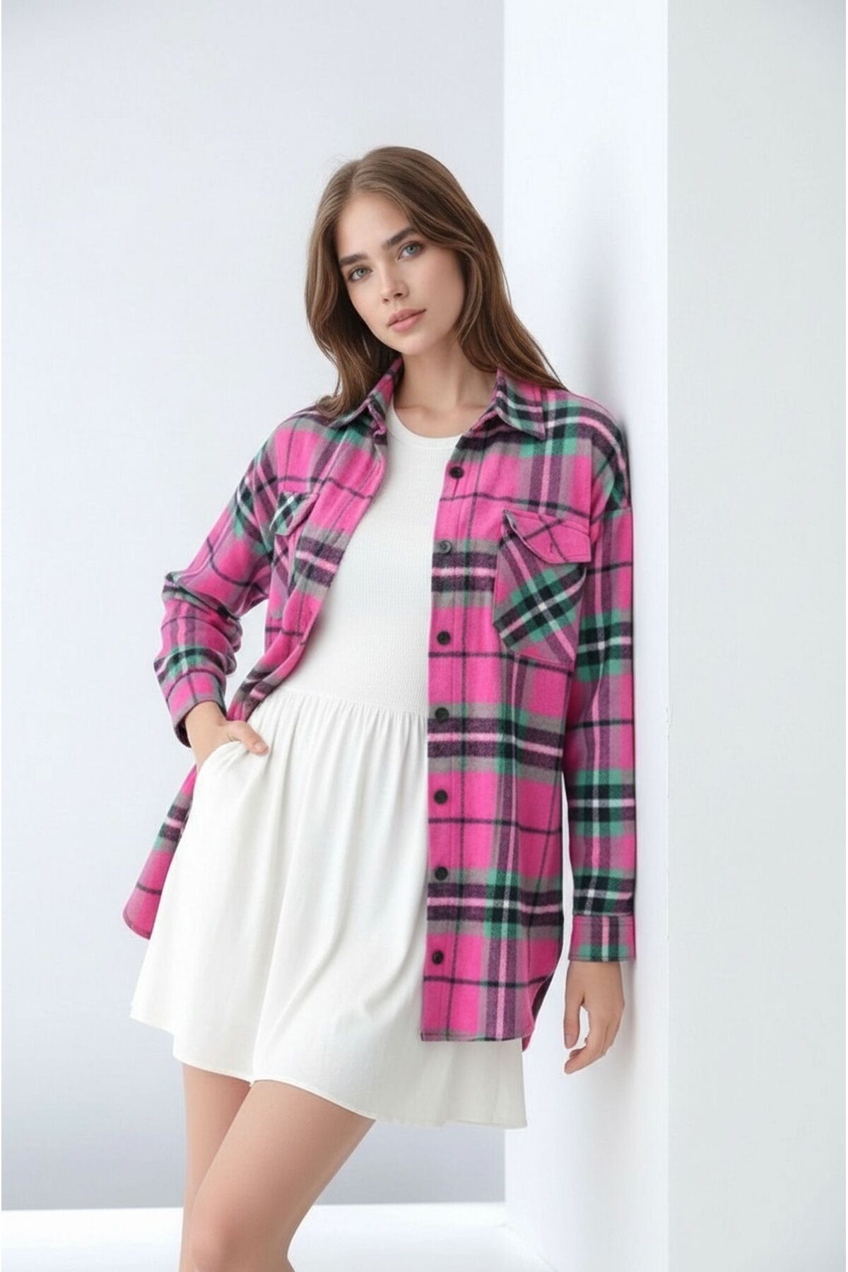 Kadın Desen Bloklu Oduncu Oversize Bol ve Geniş Kalıp Casual Cepli Yakalı Ceket Gömlek