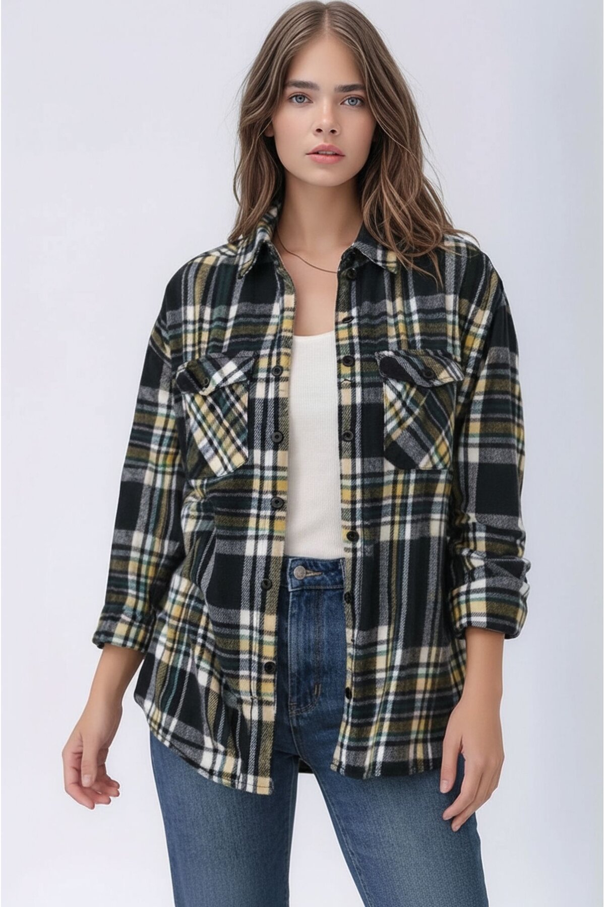 Kadın Desen Bloklu Oduncu Oversize Bol ve Geniş Kalıp Casual Cepli Yakalı Ceket Gömlek