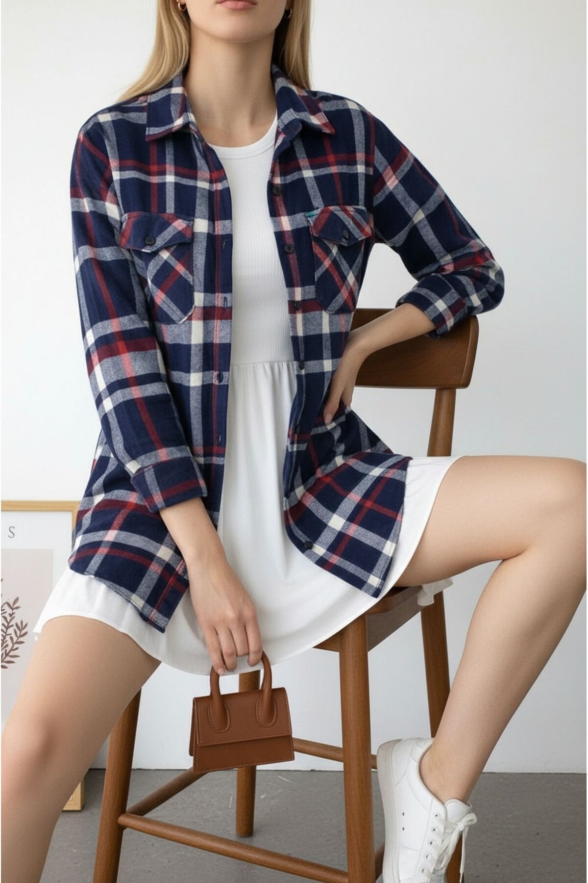 Kadın Desen Bloklu Oduncu Oversize Bol ve Geniş Kalıp Casual Cepli Yakalı Ceket Gömlek