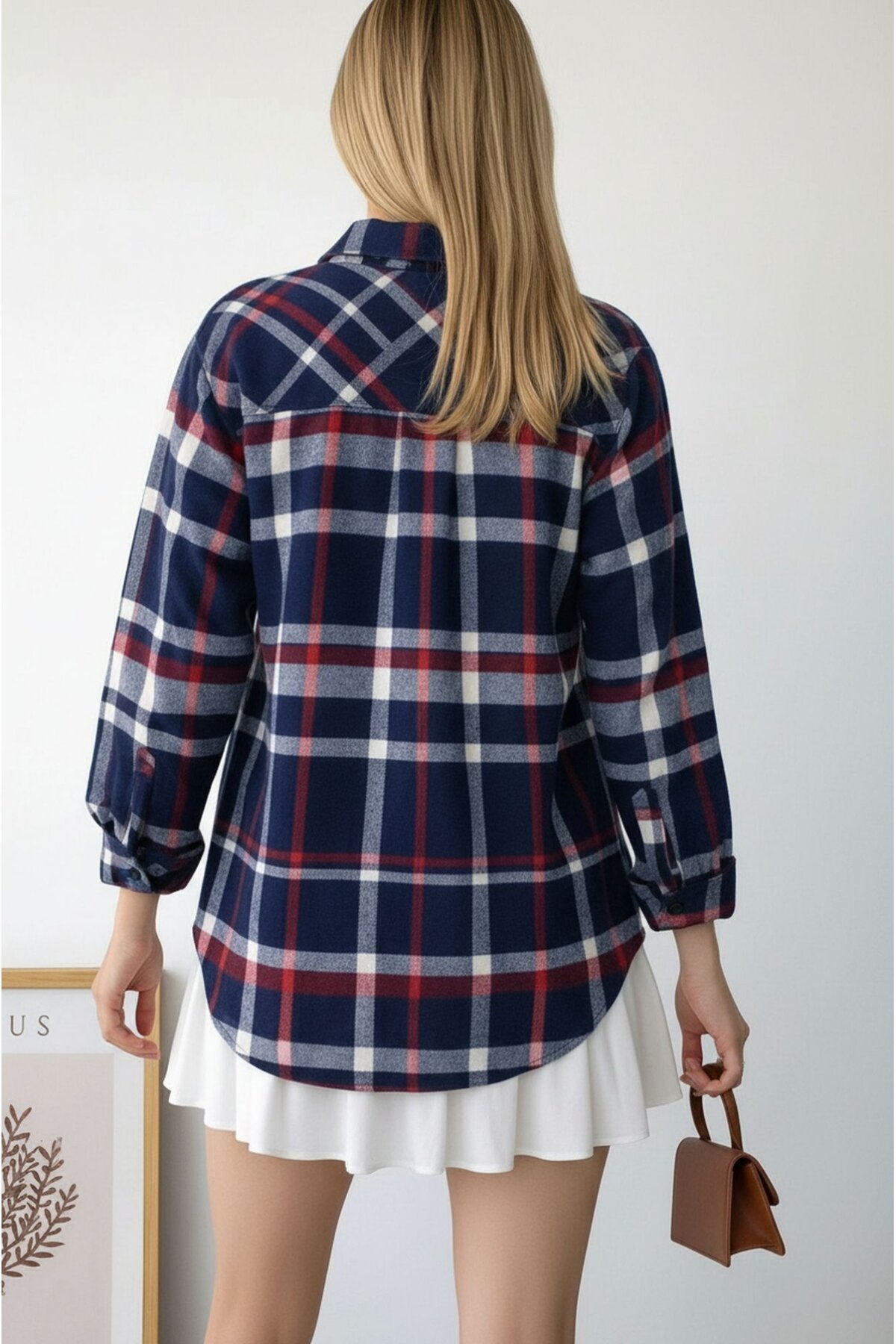 Kadın Desen Bloklu Oduncu Oversize Bol ve Geniş Kalıp Casual Cepli Yakalı Ceket Gömlek