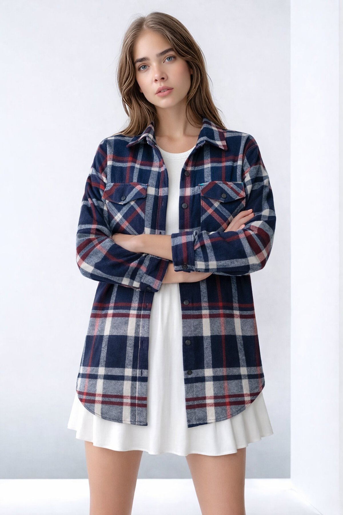 Kadın Desen Bloklu Oduncu Oversize Bol ve Geniş Kalıp Casual Cepli Yakalı Ceket Gömlek