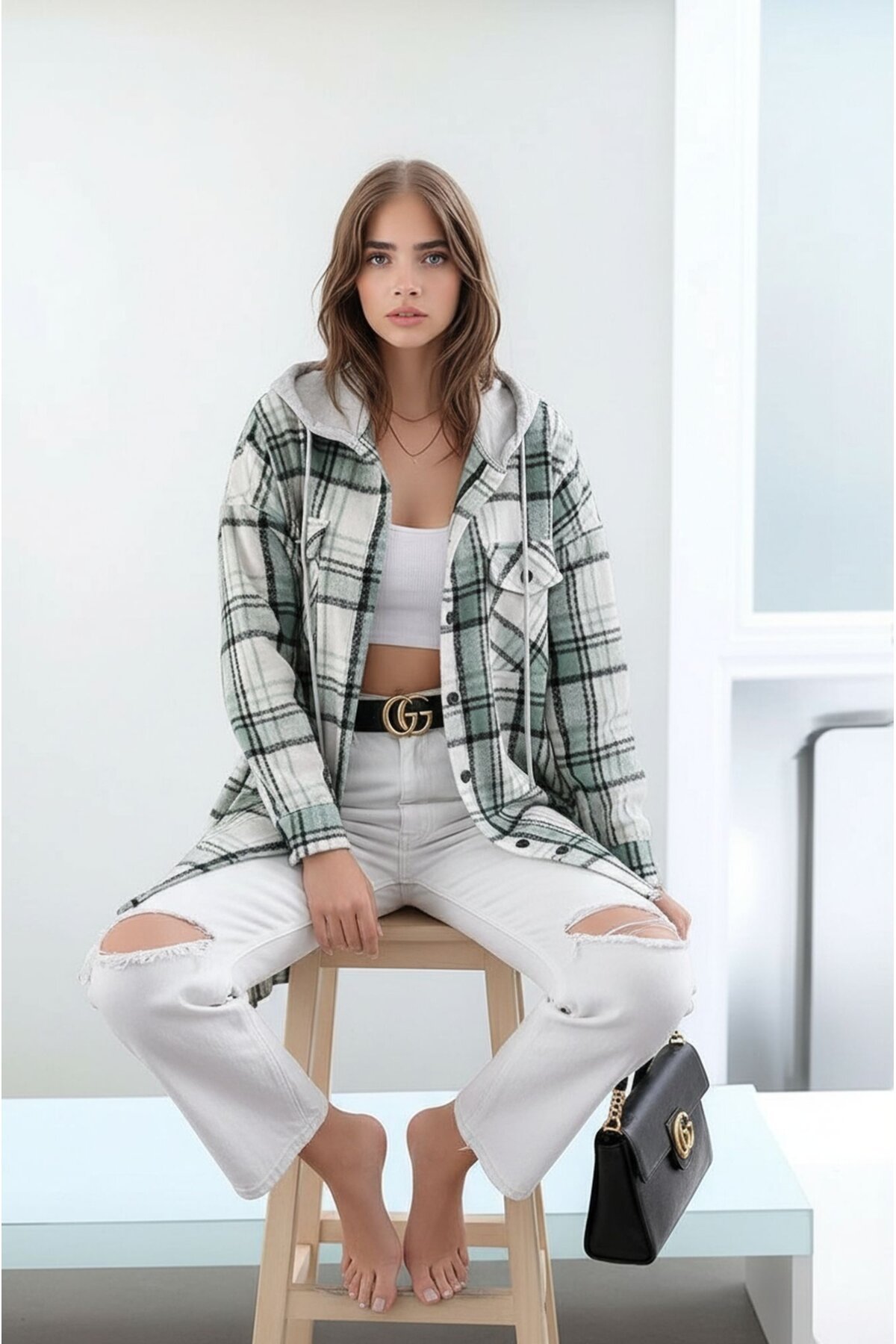 Kadın Desen Bloklu Oduncu Oversize Geniş Kalıp Casual Cepli Kapüşonlu Uzun Boy Ceket Gömlek