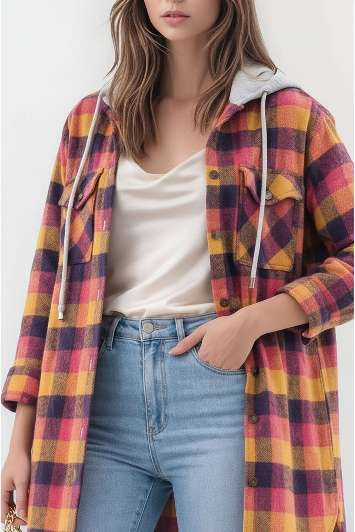 Kadın Desen Bloklu Oduncu Oversize Geniş Kalıp Casual Cepli Kapüşonlu Uzun Boy Ceket Gömlek