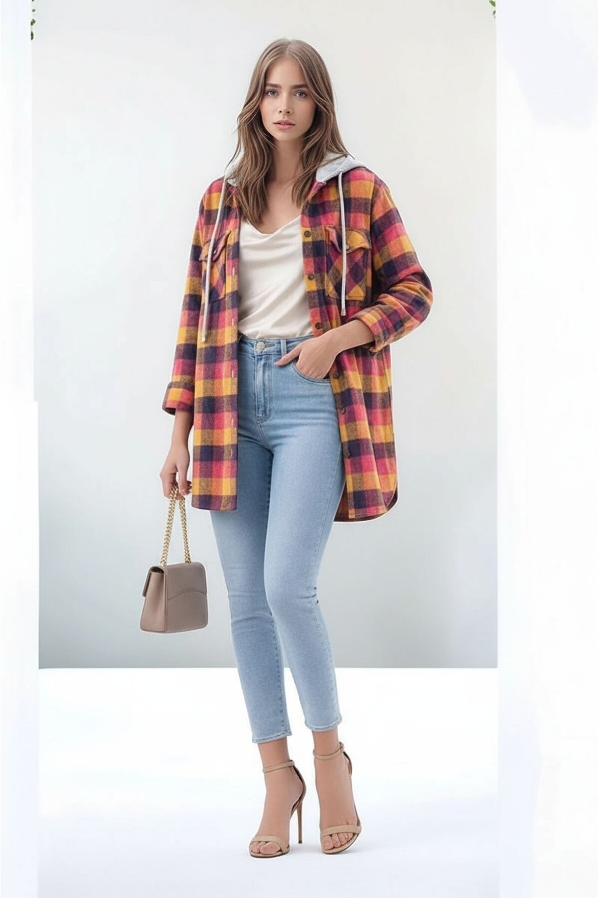 Kadın Desen Bloklu Oduncu Oversize Geniş Kalıp Casual Cepli Kapüşonlu Uzun Boy Ceket Gömlek