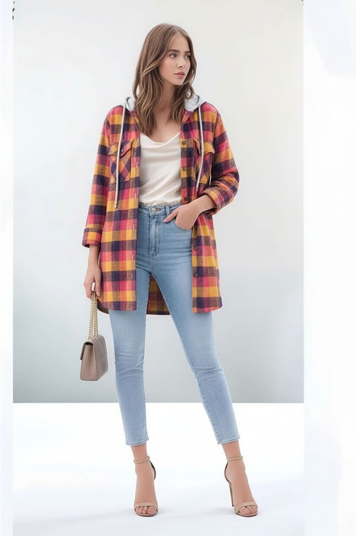 Kadın Desen Bloklu Oduncu Oversize Geniş Kalıp Casual Cepli Kapüşonlu Uzun Boy Ceket Gömlek