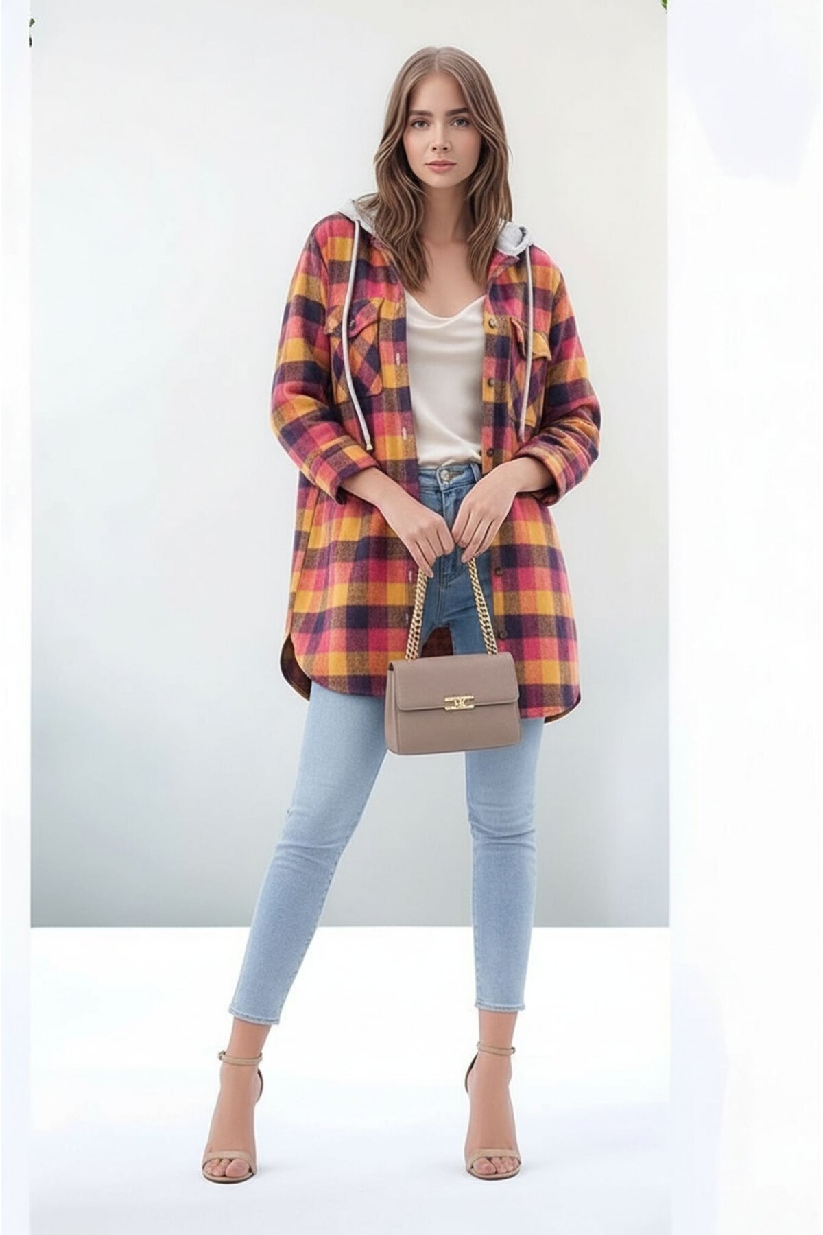 Kadın Desen Bloklu Oduncu Oversize Geniş Kalıp Casual Cepli Kapüşonlu Uzun Boy Ceket Gömlek