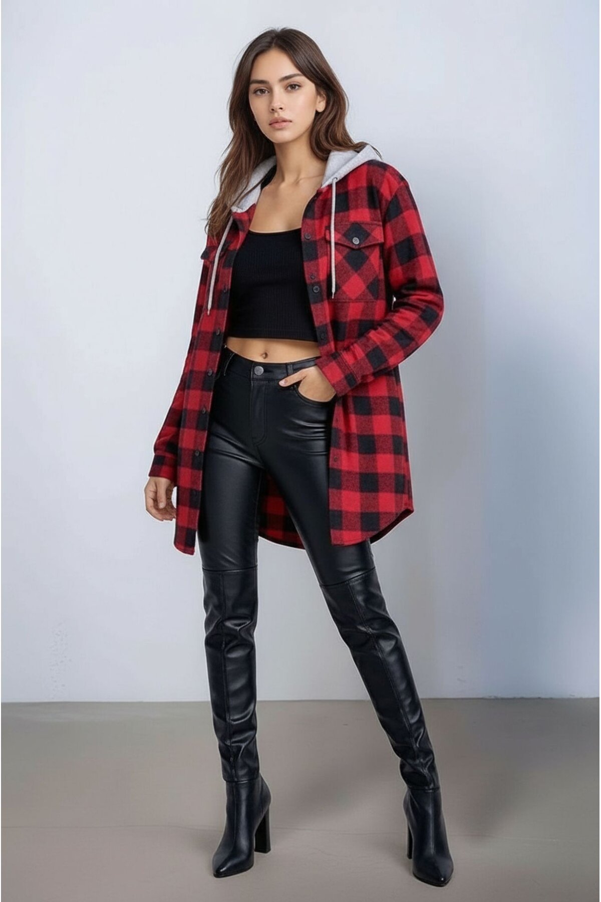 Kadın Desen Bloklu Oduncu Oversize Geniş Kalıp Casual Cepli Kapüşonlu Uzun Boy Ceket Gömlek