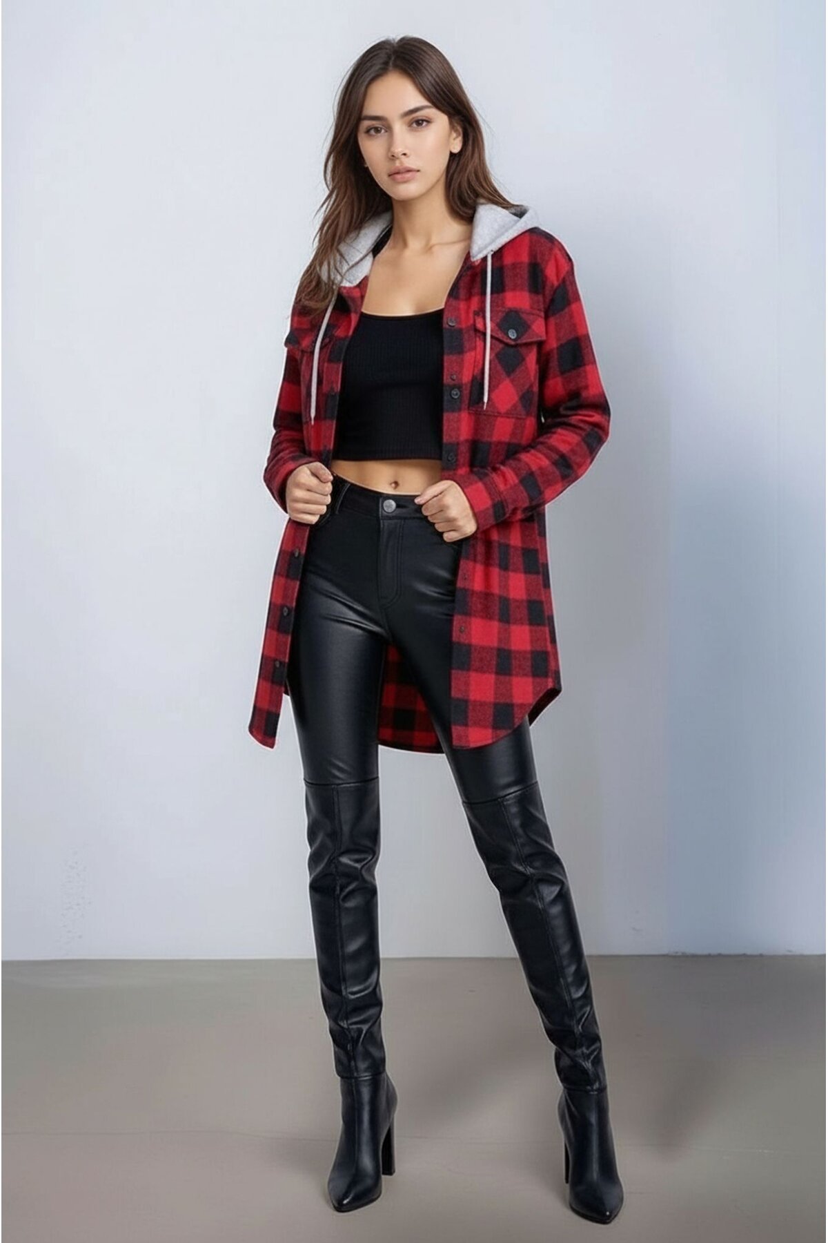 Kadın Desen Bloklu Oduncu Oversize Geniş Kalıp Casual Cepli Kapüşonlu Uzun Boy Ceket Gömlek