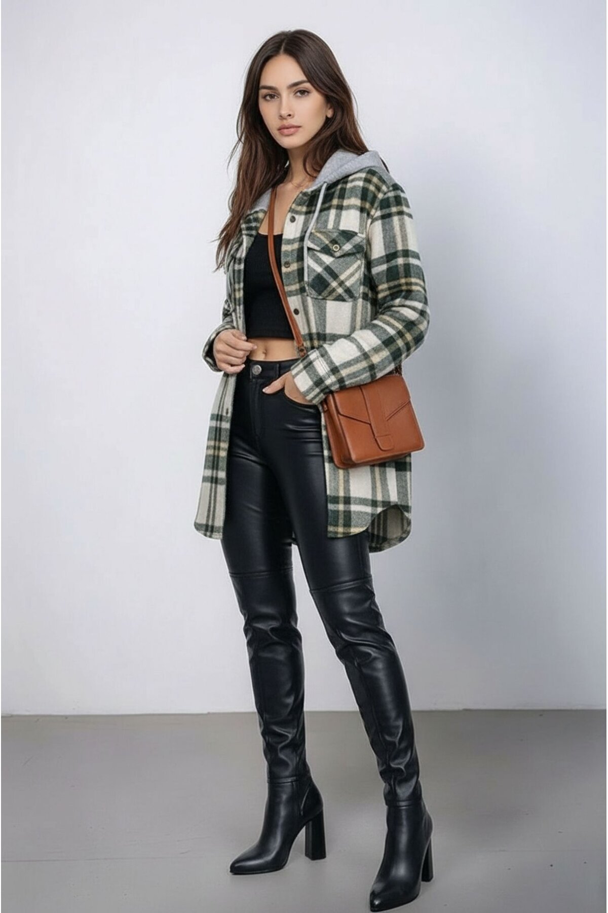 Kadın Desen Bloklu Oduncu Oversize Geniş Kalıp Casual Cepli Kapüşonlu Uzun Boy Ceket Gömlek