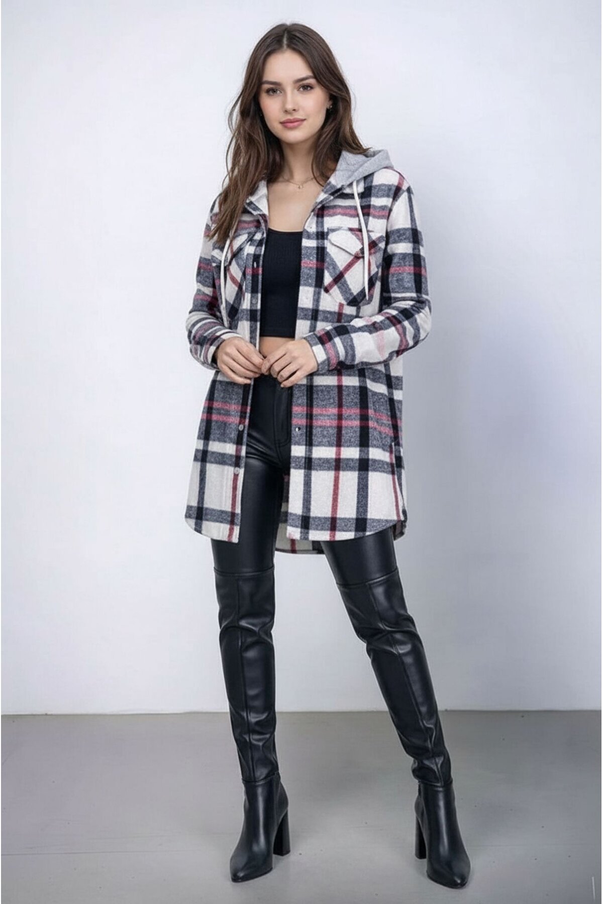 Kadın Desen Bloklu Oduncu Oversize Geniş Kalıp Casual Cepli Kapüşonlu Uzun Boy Ceket Gömlek