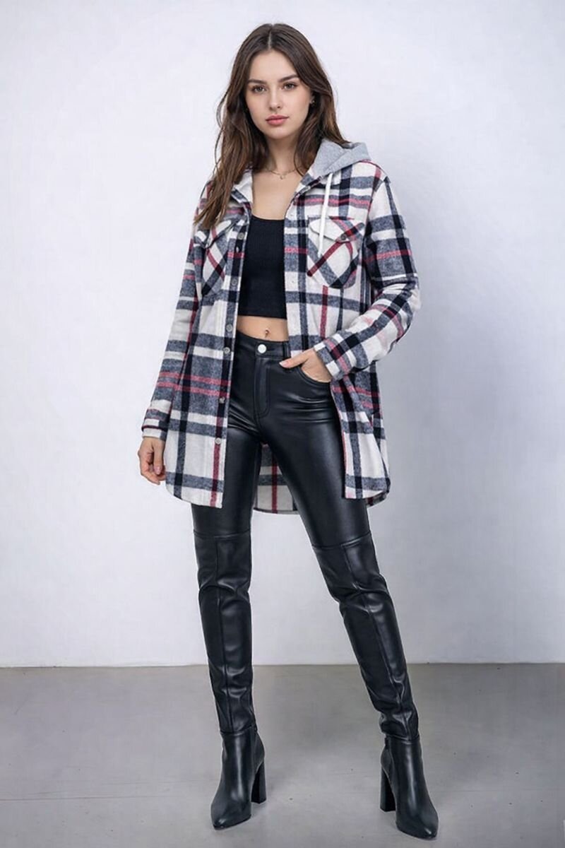 Kadın Desen Bloklu Oduncu Oversize Geniş Kalıp Casual Cepli Kapüşonlu Uzun Boy Ceket Gömlek