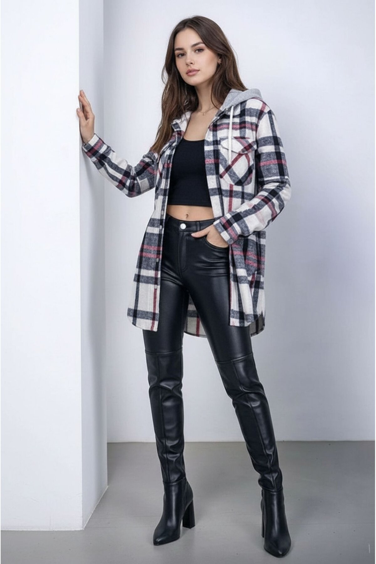 Kadın Desen Bloklu Oduncu Oversize Geniş Kalıp Casual Cepli Kapüşonlu Uzun Boy Ceket Gömlek