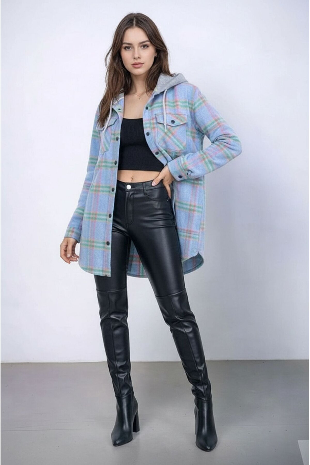 Kadın Desen Bloklu Oduncu Oversize Geniş Kalıp Casual Cepli Kapüşonlu Uzun Boy Ceket Gömlek