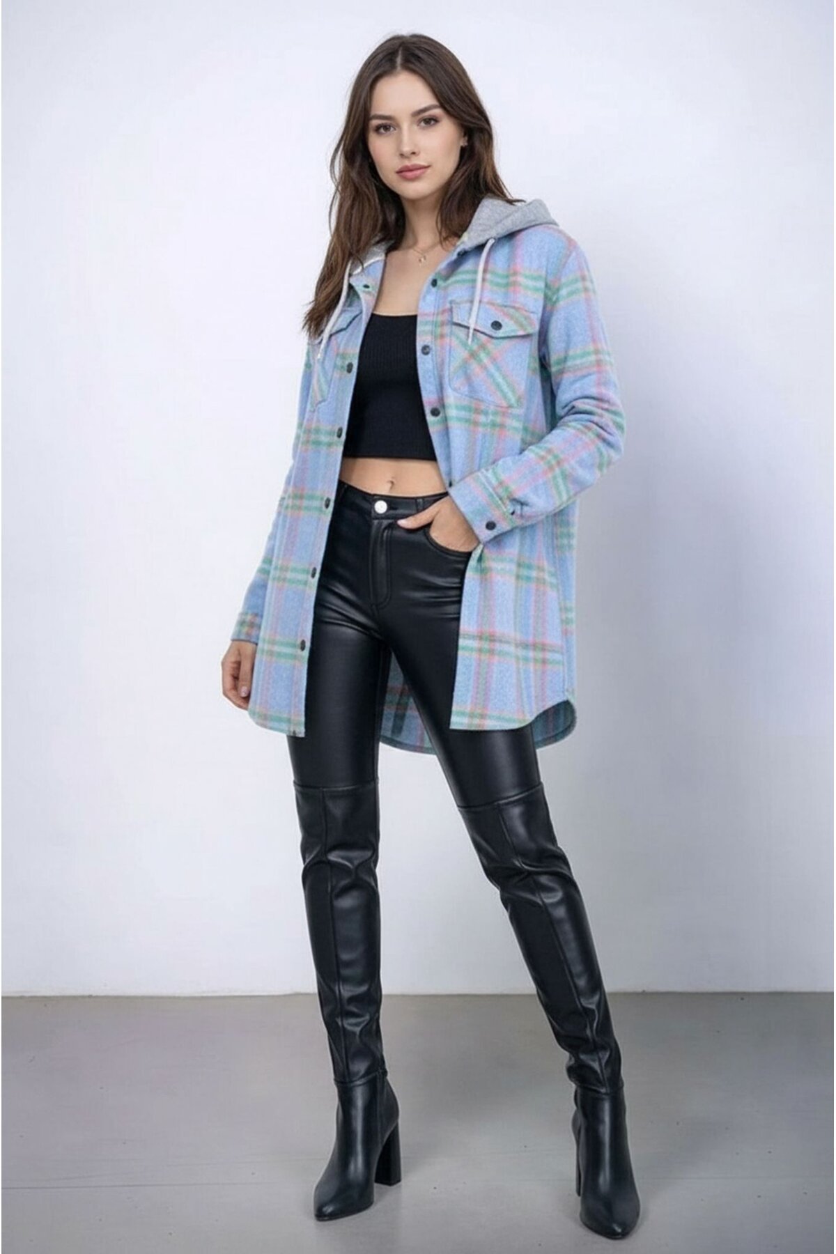 Kadın Desen Bloklu Oduncu Oversize Geniş Kalıp Casual Cepli Kapüşonlu Uzun Boy Ceket Gömlek