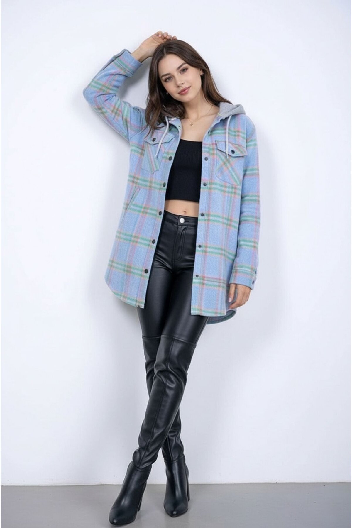 Kadın Desen Bloklu Oduncu Oversize Geniş Kalıp Casual Cepli Kapüşonlu Uzun Boy Ceket Gömlek