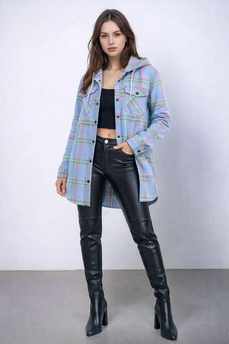 Kadın Desen Bloklu Oduncu Oversize Geniş Kalıp Casual Cepli Kapüşonlu Uzun Boy Ceket Gömlek