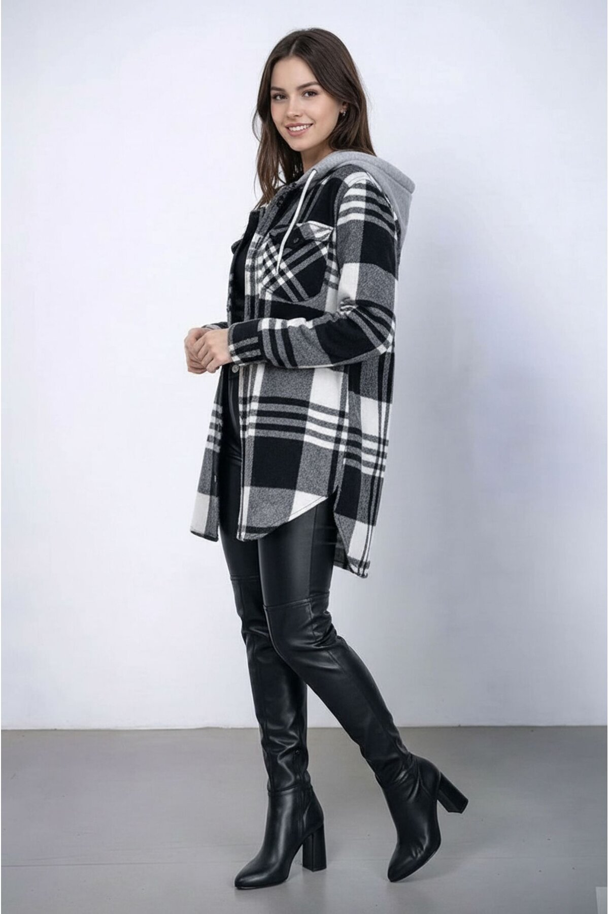 Kadın Desen Bloklu Oduncu Oversize Geniş Kalıp Casual Cepli Kapüşonlu Uzun Boy Ceket Gömlek