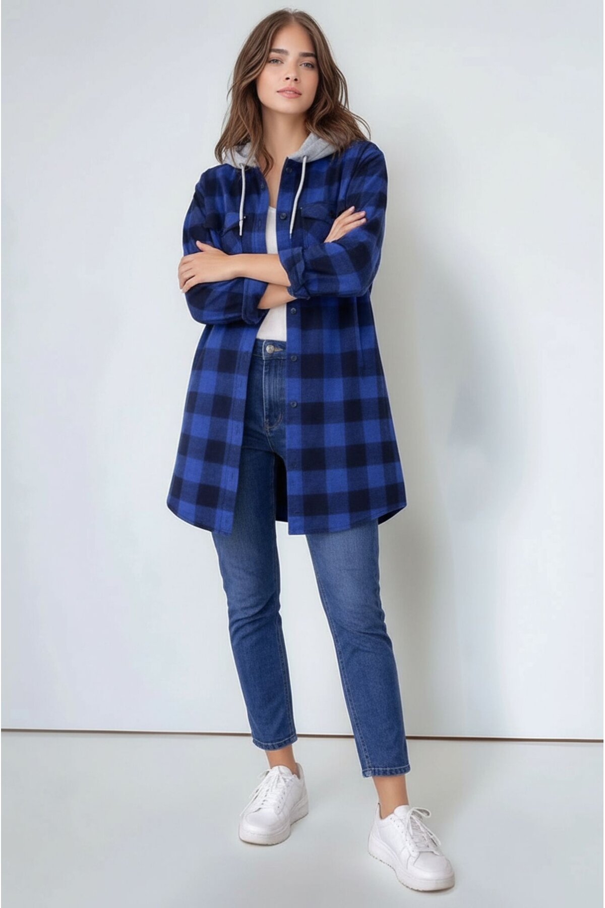 Kadın Desen Bloklu Oduncu Oversize Geniş Kalıp Casual Cepli Kapüşonlu Uzun Boy Ceket Gömlek