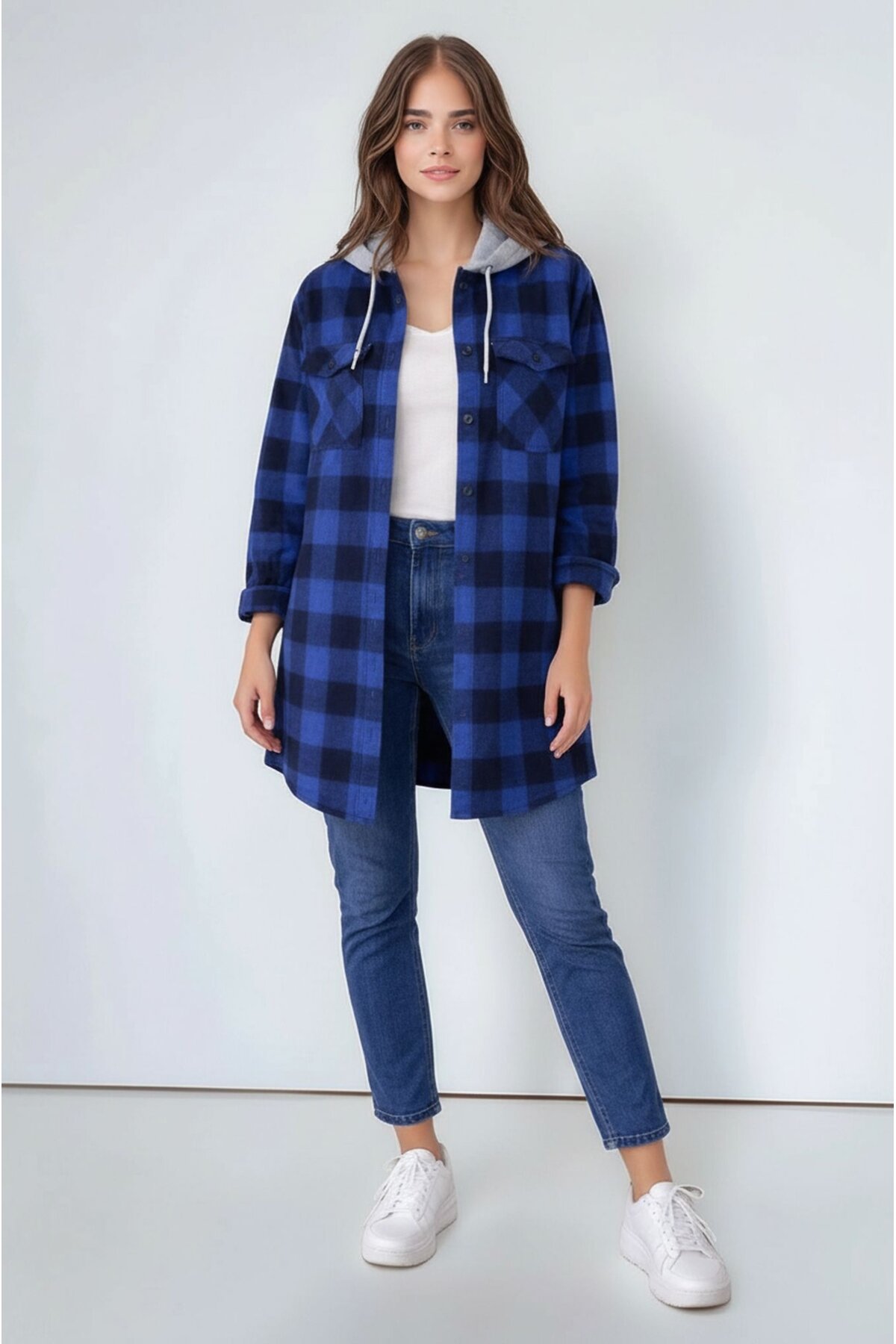 Kadın Desen Bloklu Oduncu Oversize Geniş Kalıp Casual Cepli Kapüşonlu Uzun Boy Ceket Gömlek