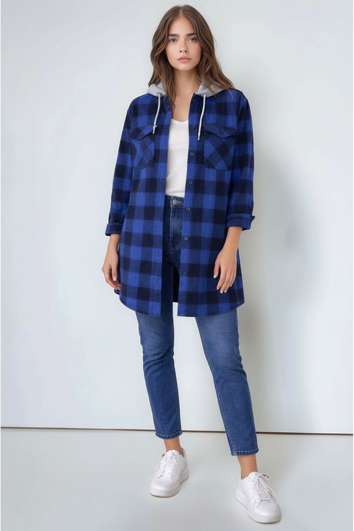 Kadın Desen Bloklu Oduncu Oversize Geniş Kalıp Casual Cepli Kapüşonlu Uzun Boy Ceket Gömlek