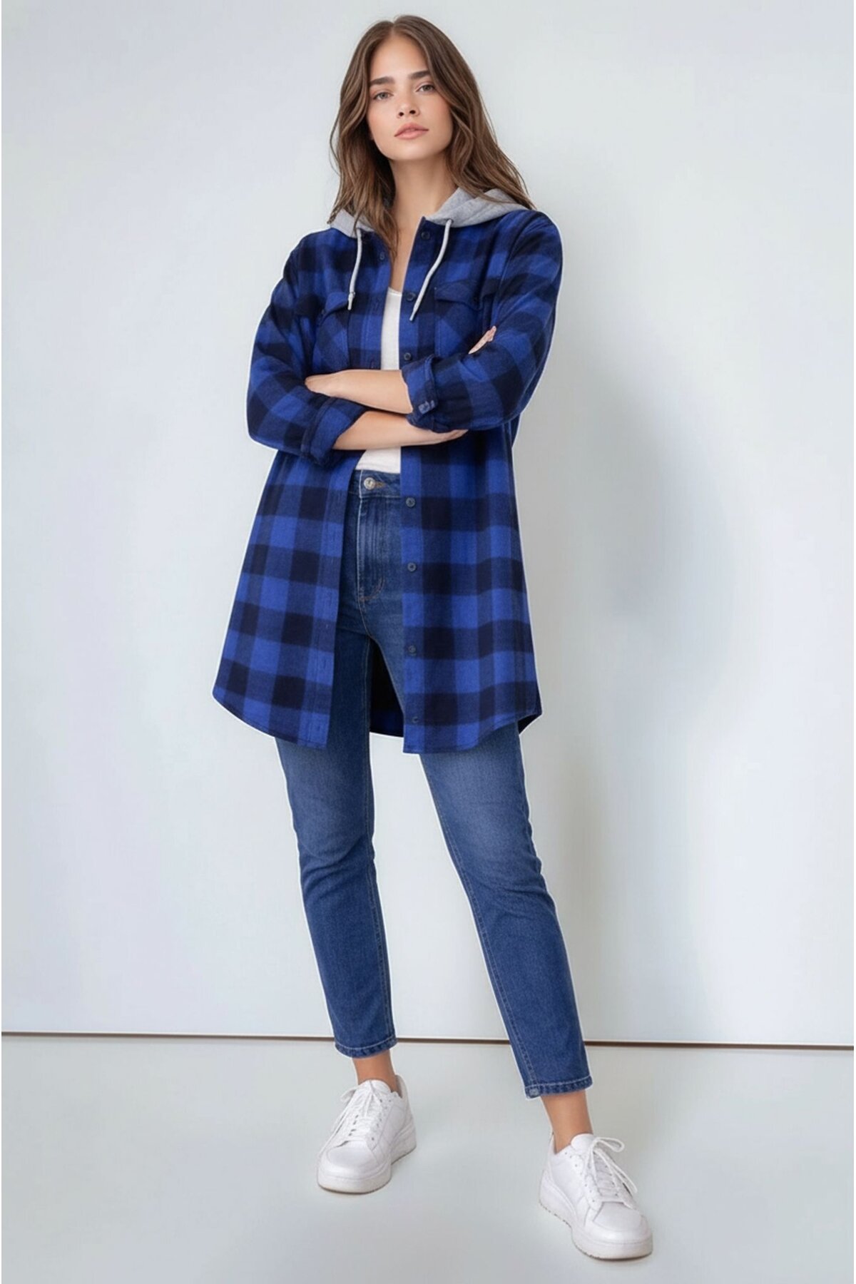 Kadın Desen Bloklu Oduncu Oversize Geniş Kalıp Casual Cepli Kapüşonlu Uzun Boy Ceket Gömlek