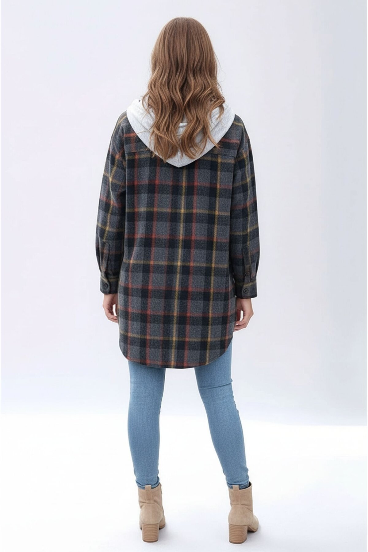 Kadın Desen Bloklu Oduncu Oversize Geniş Kalıp Casual Cepli Kapüşonlu Uzun Boy Ceket Gömlek