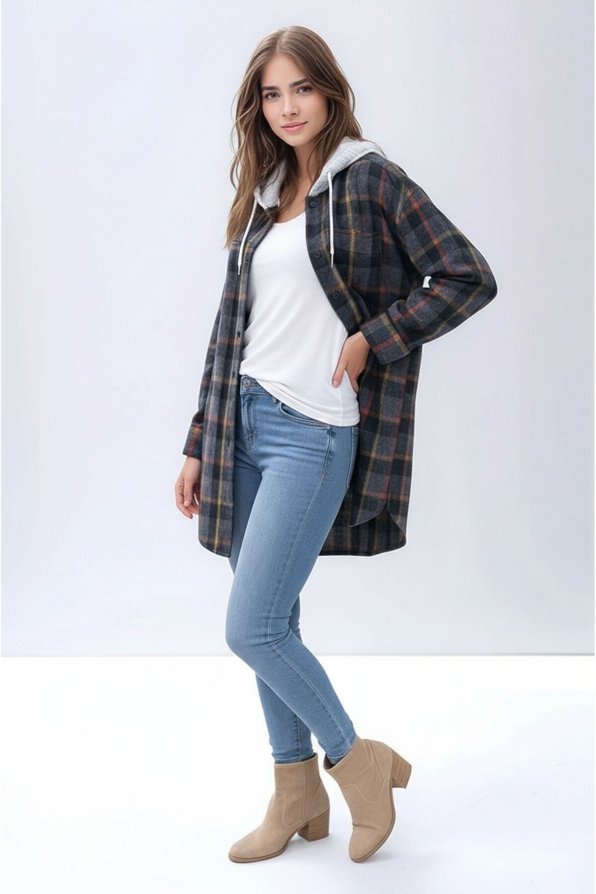 Kadın Desen Bloklu Oduncu Oversize Geniş Kalıp Casual Cepli Kapüşonlu Uzun Boy Ceket Gömlek