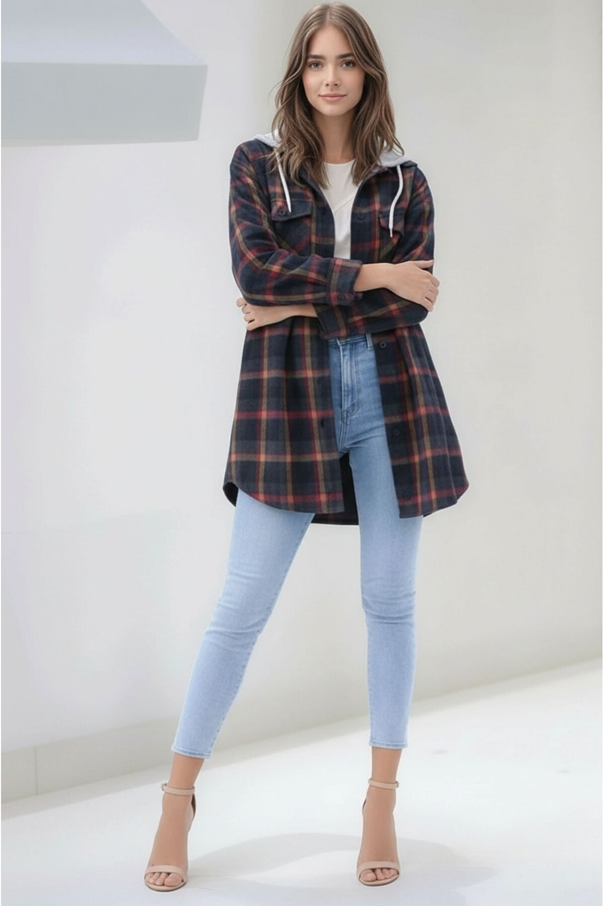 Kadın Desen Bloklu Oduncu Oversize Geniş Kalıp Casual Cepli Kapüşonlu Uzun Boy Ceket Gömlek