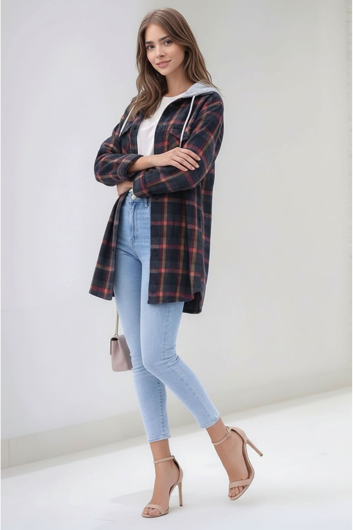 Kadın Desen Bloklu Oduncu Oversize Geniş Kalıp Casual Cepli Kapüşonlu Uzun Boy Ceket Gömlek