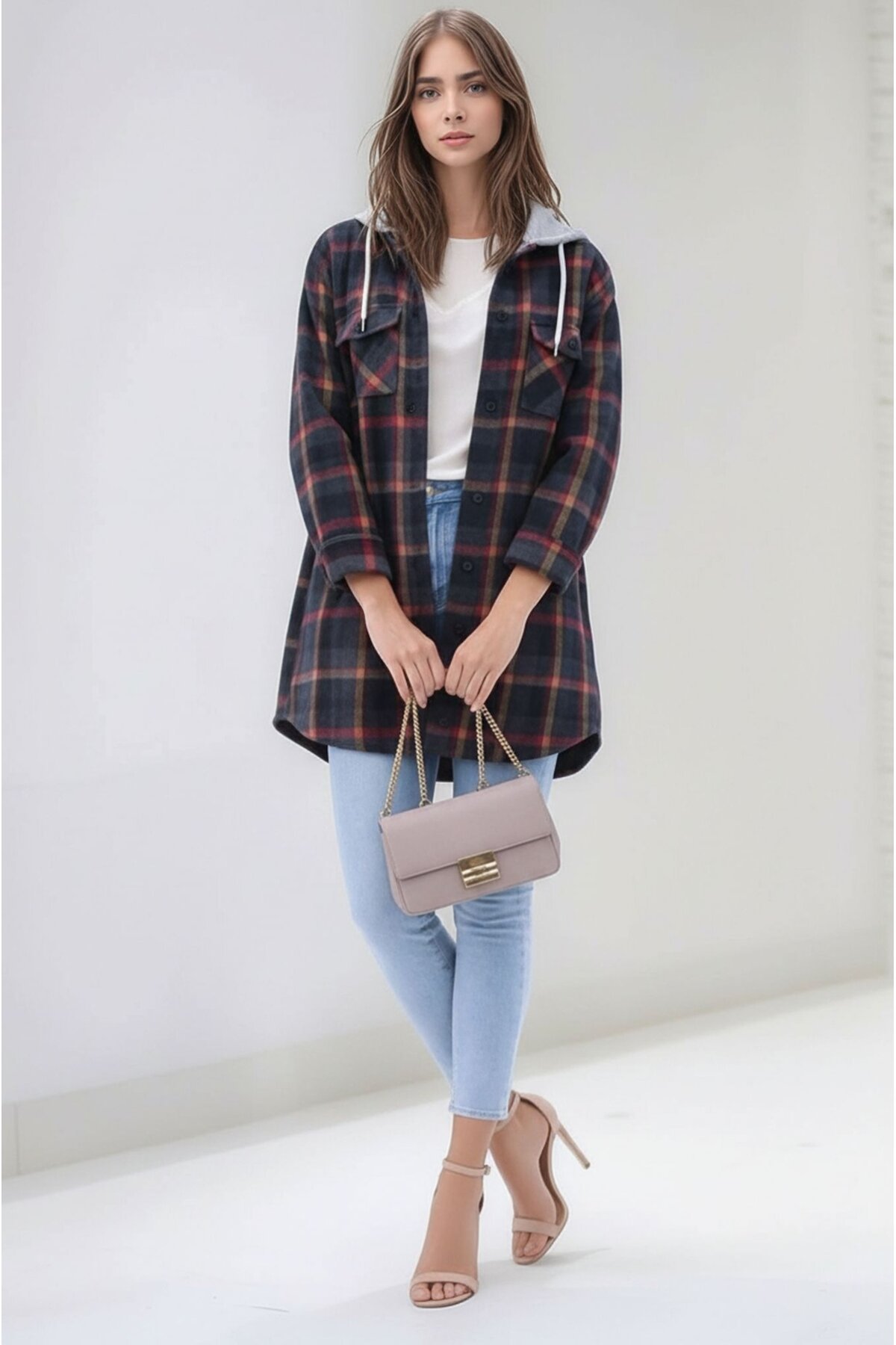 Kadın Desen Bloklu Oduncu Oversize Geniş Kalıp Casual Cepli Kapüşonlu Uzun Boy Ceket Gömlek