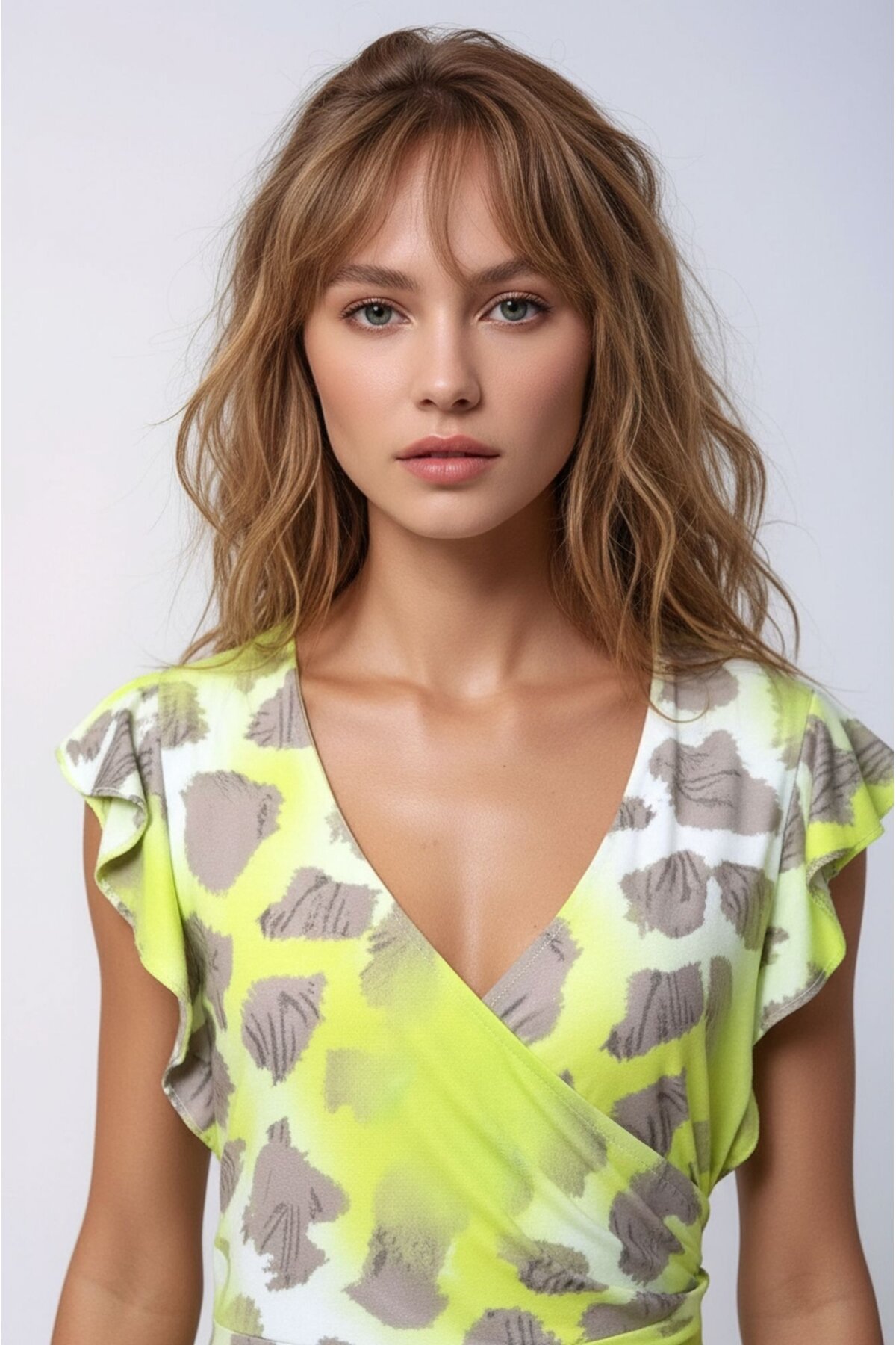 Kadın Desenli Kolları Volanlı Belden Büzgülü Kruvaze Yaka Büyük Beden Curve Spor Şık Elbise