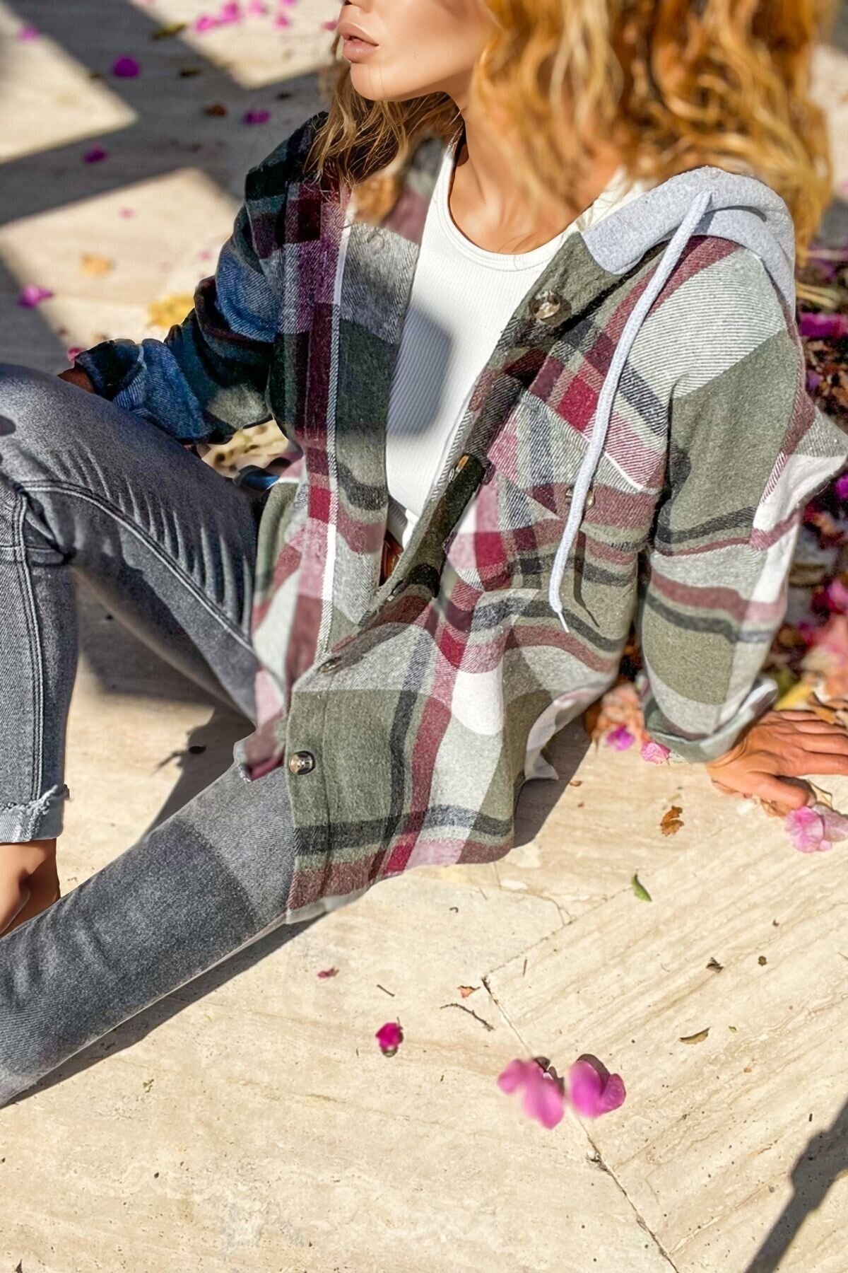 Kadın Desenli Renkli Oduncu Oversize Bol ve Geniş Kalıp Casual Çift Kapüşonlu Ceket Gömlek