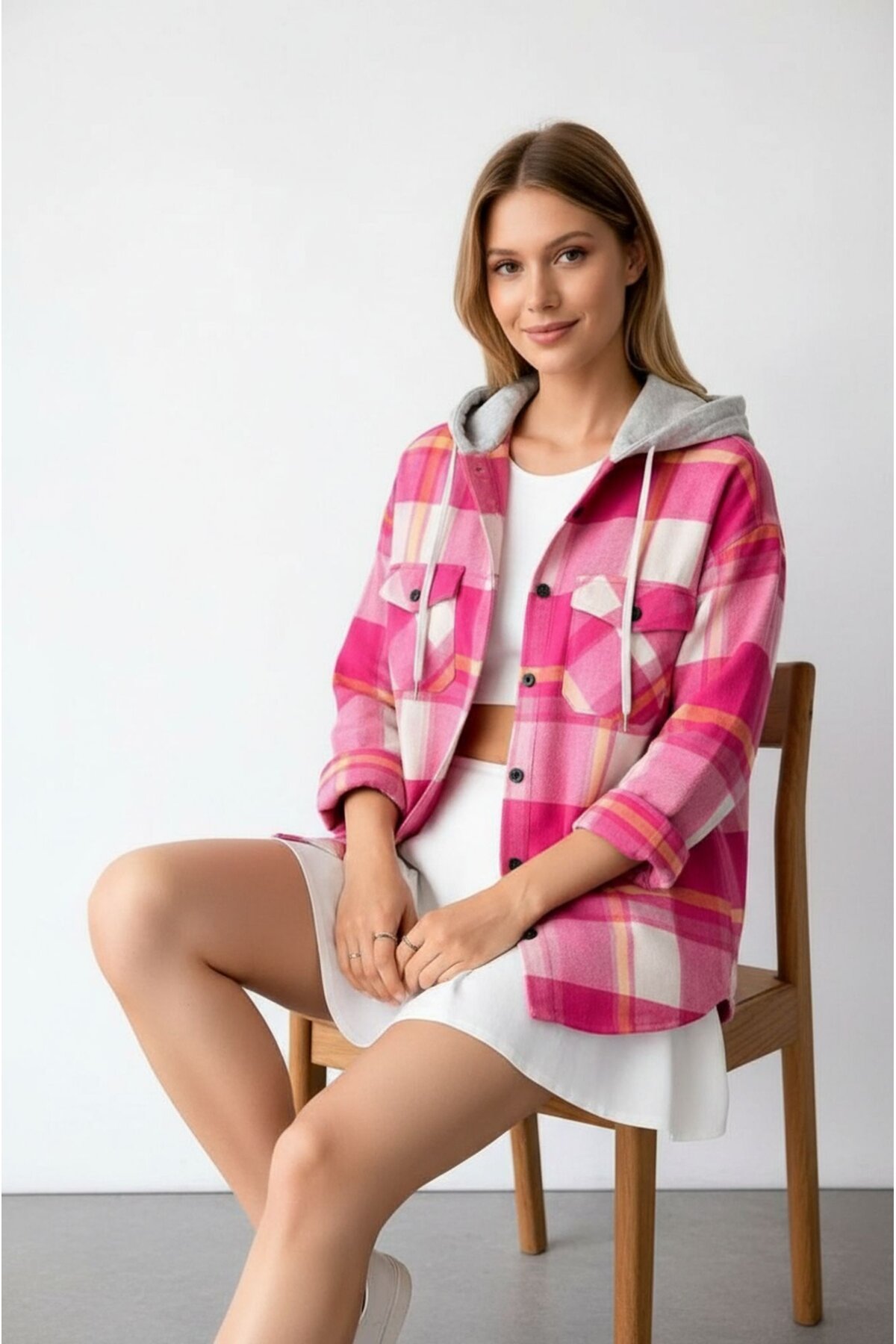 Kadın Desenli Renkli Oduncu Oversize Bol ve Geniş Kalıp Casual Çift Kapüşonlu Ceket Gömlek