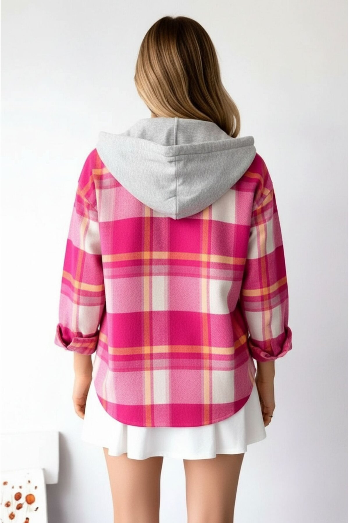 Kadın Desenli Renkli Oduncu Oversize Bol ve Geniş Kalıp Casual Çift Kapüşonlu Ceket Gömlek