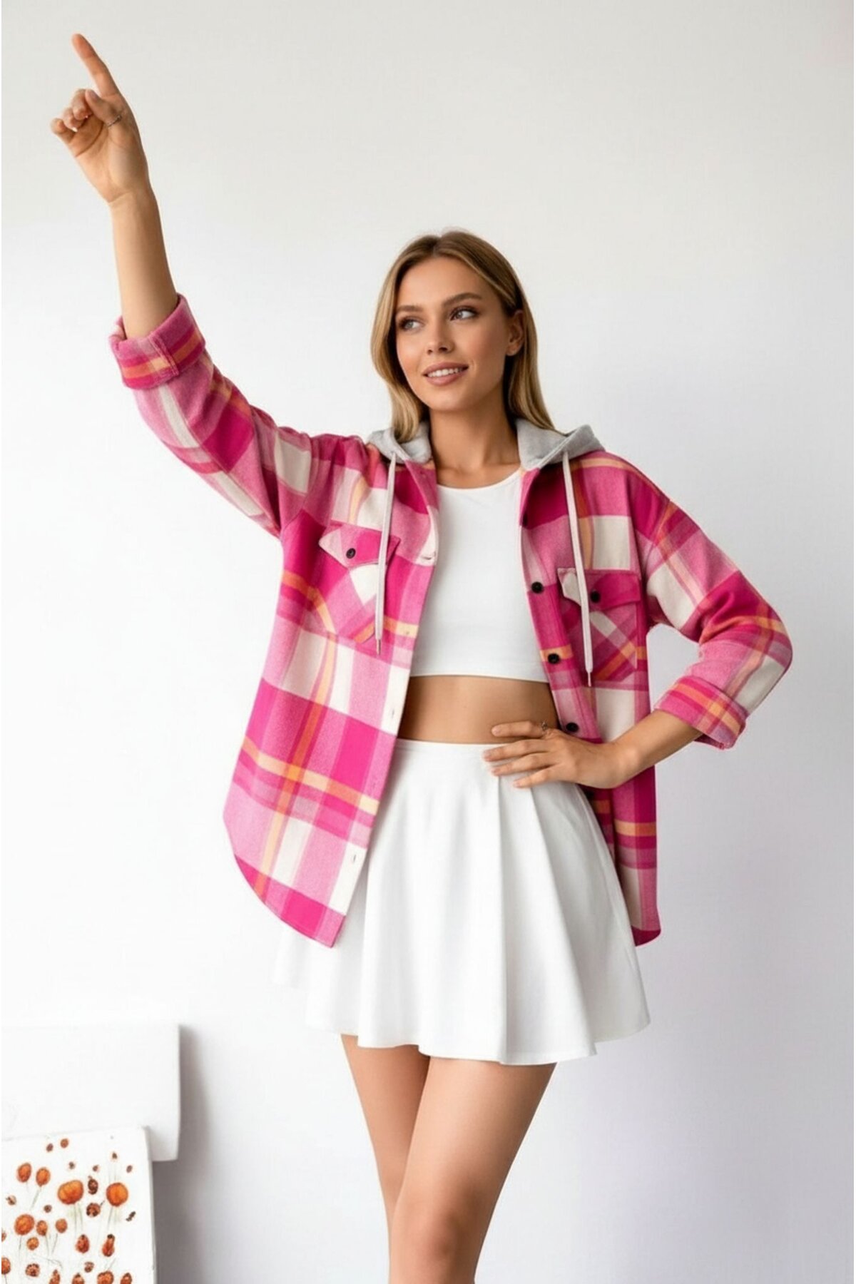 Kadın Desenli Renkli Oduncu Oversize Bol ve Geniş Kalıp Casual Çift Kapüşonlu Ceket Gömlek