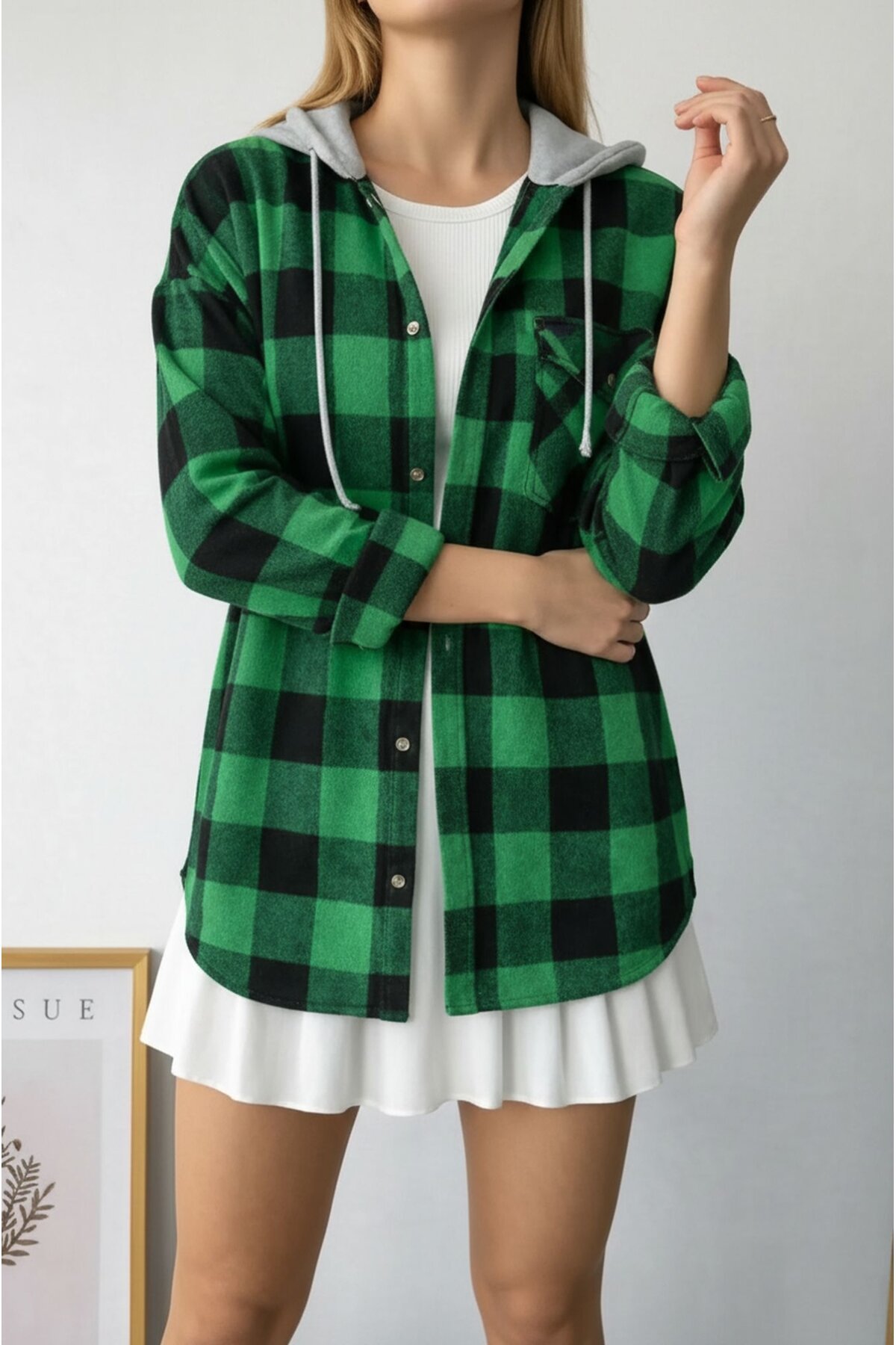 Kadın Desenli Renkli Oduncu Oversize Bol ve Geniş Kalıp Casual Çift Kapüşonlu Ceket Gömlek