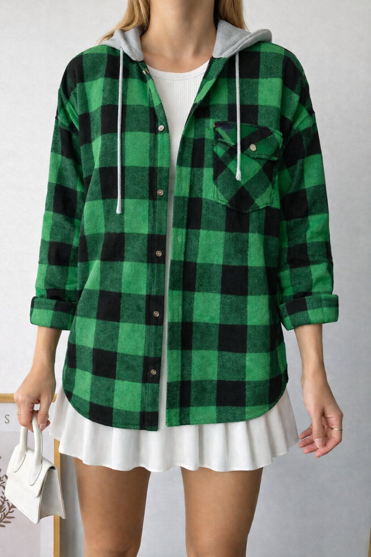 Kadın Desenli Renkli Oduncu Oversize Bol ve Geniş Kalıp Casual Çift Kapüşonlu Ceket Gömlek