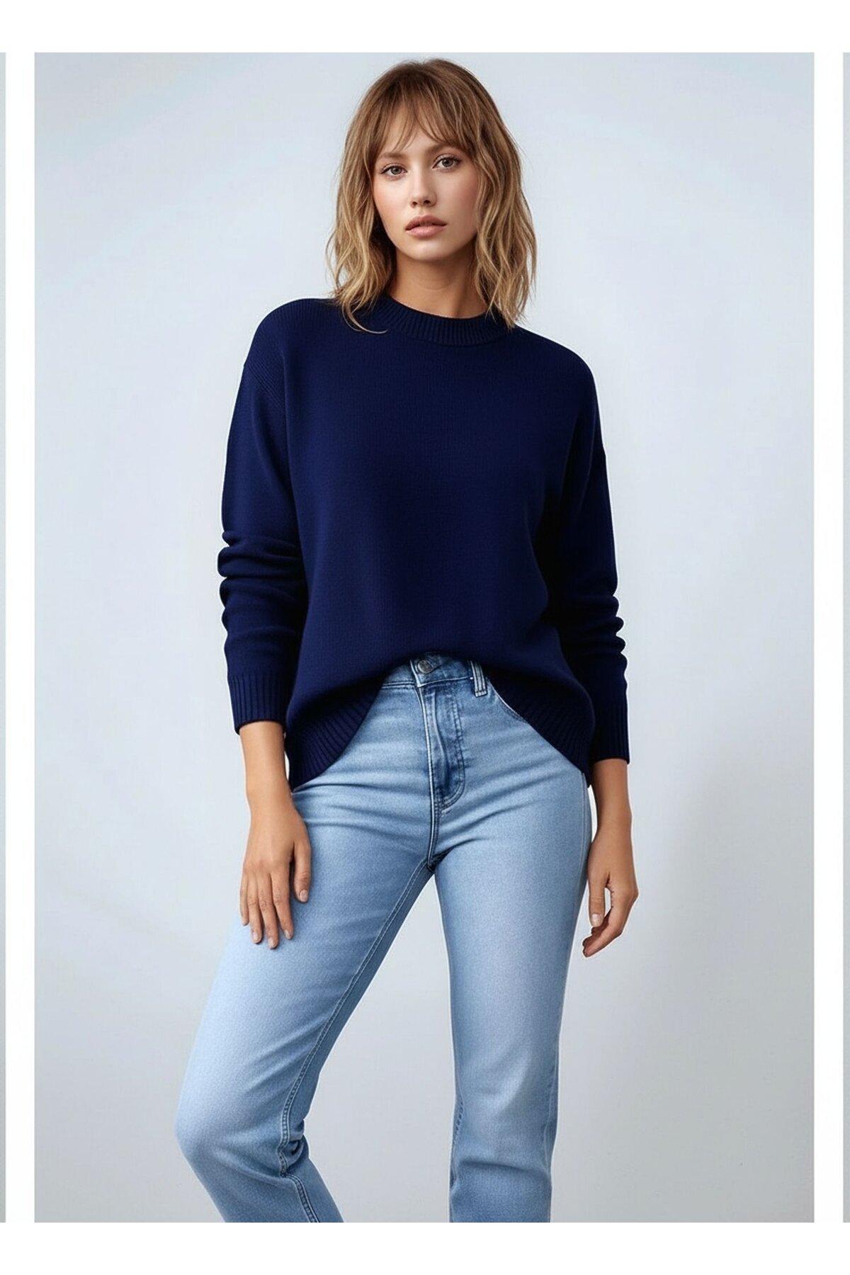 Kadın Dik Yaka Basic Uzun Kol Büyük Beden Curve Uyumlu Spor Şık Triko Kazak