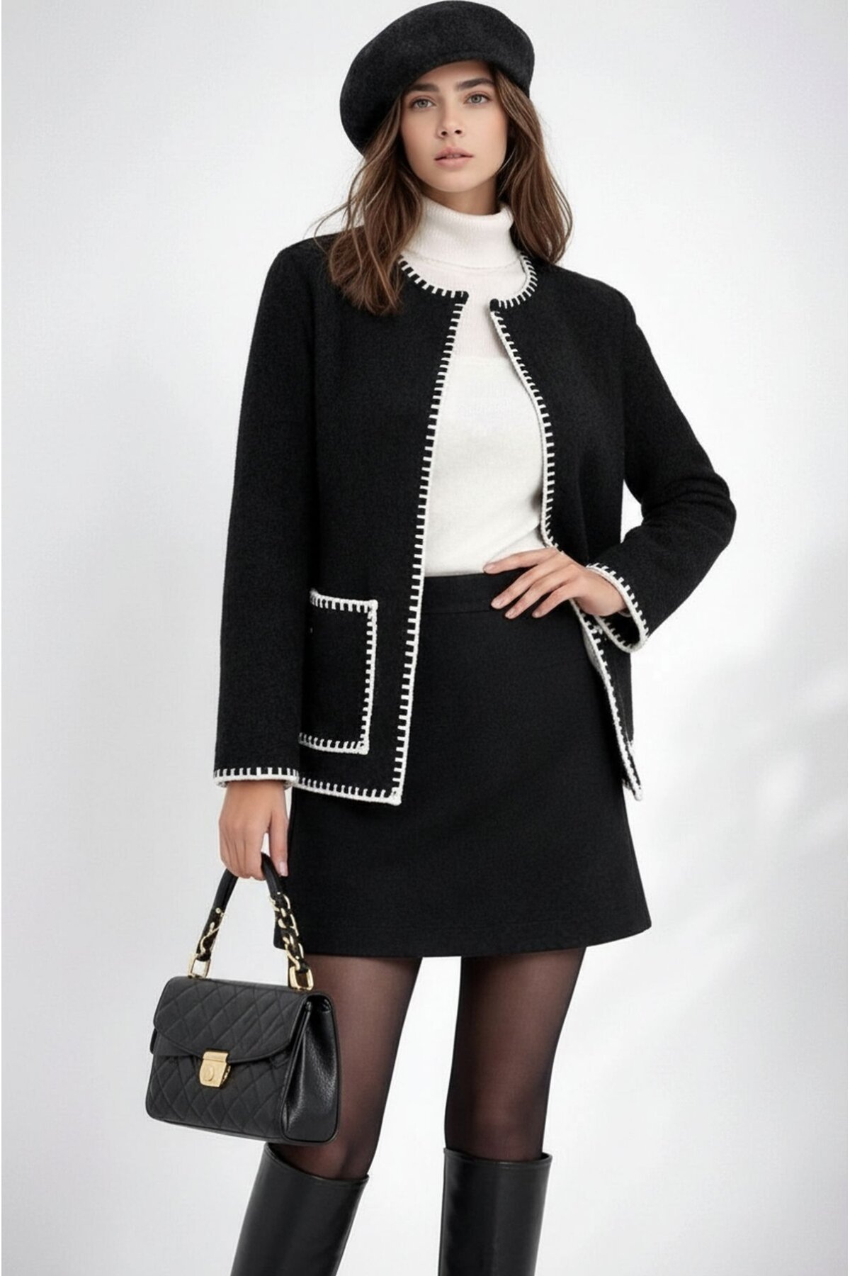 Kadın Dik Yaka İp Örgü Detaylı Rahat Kalıp Uzun Kol Tasarım Triko Ceket