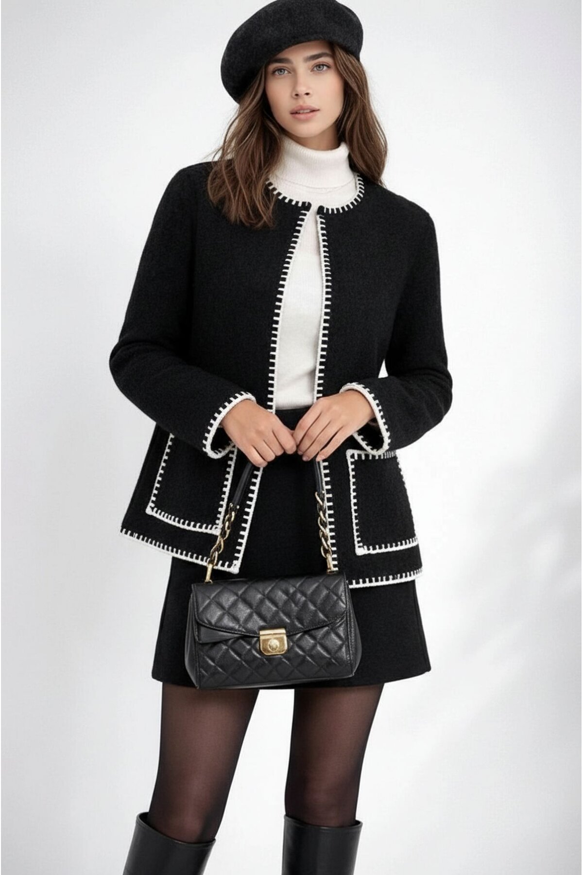 Kadın Dik Yaka İp Örgü Detaylı Rahat Kalıp Uzun Kol Tasarım Triko Ceket