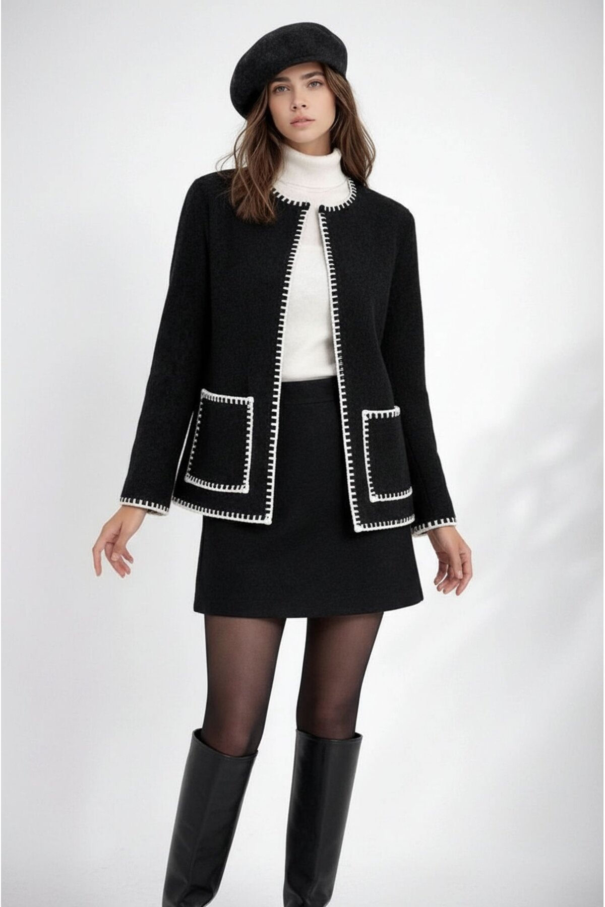 Kadın Dik Yaka İp Örgü Detaylı Rahat Kalıp Uzun Kol Tasarım Triko Ceket