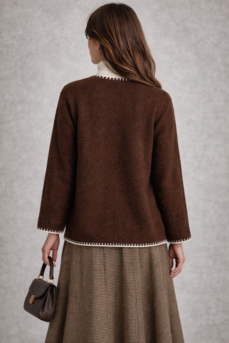 Kadın Dik Yaka İp Örgü Detaylı Rahat Kalıp Uzun Kol Tasarım Triko Ceket