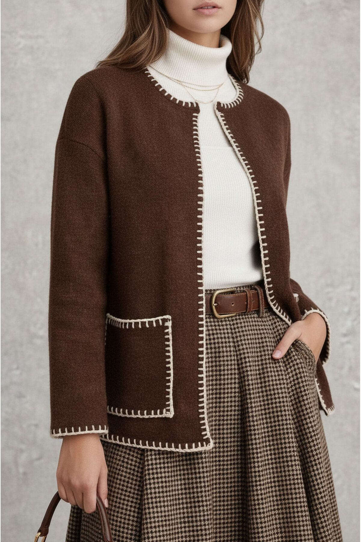 Kadın Dik Yaka İp Örgü Detaylı Rahat Kalıp Uzun Kol Tasarım Triko Ceket