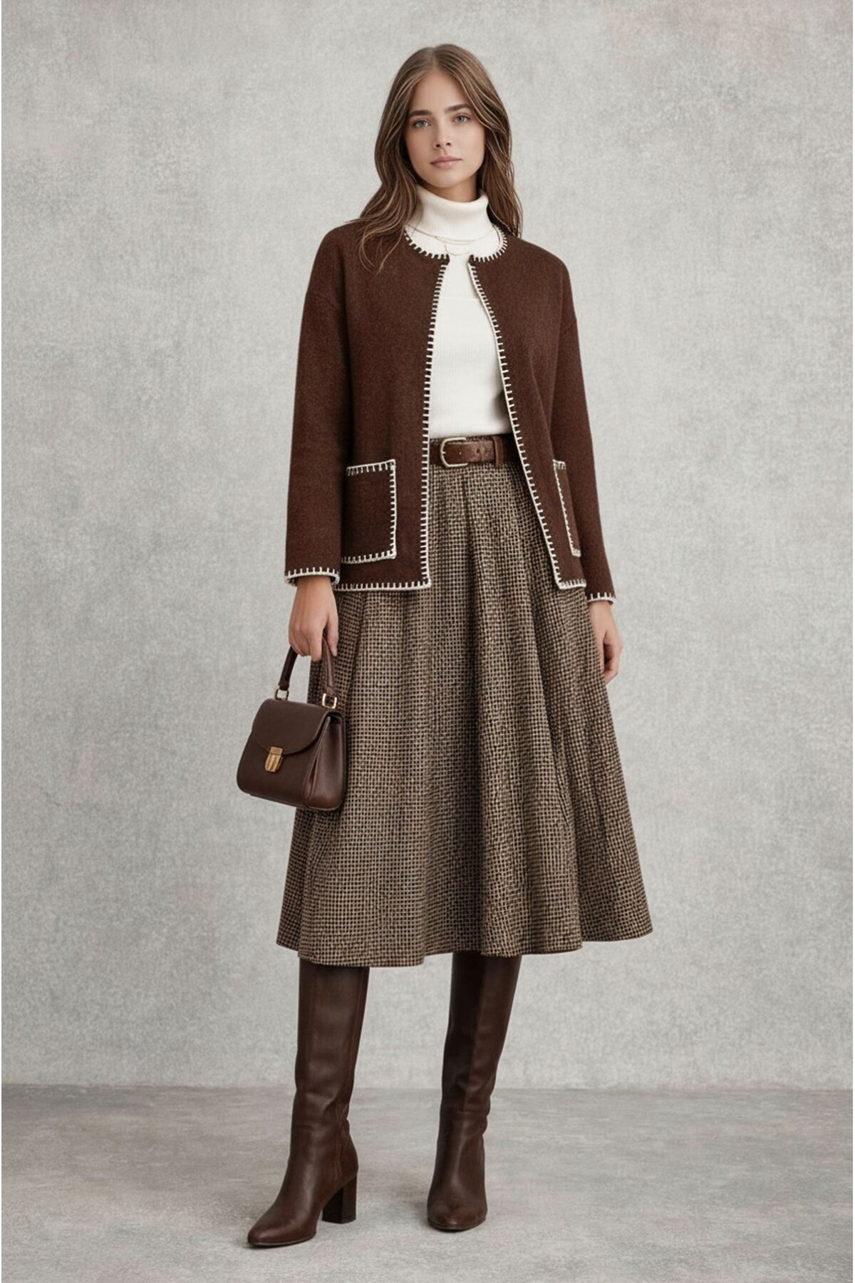 Kadın Dik Yaka İp Örgü Detaylı Rahat Kalıp Uzun Kol Tasarım Triko Ceket