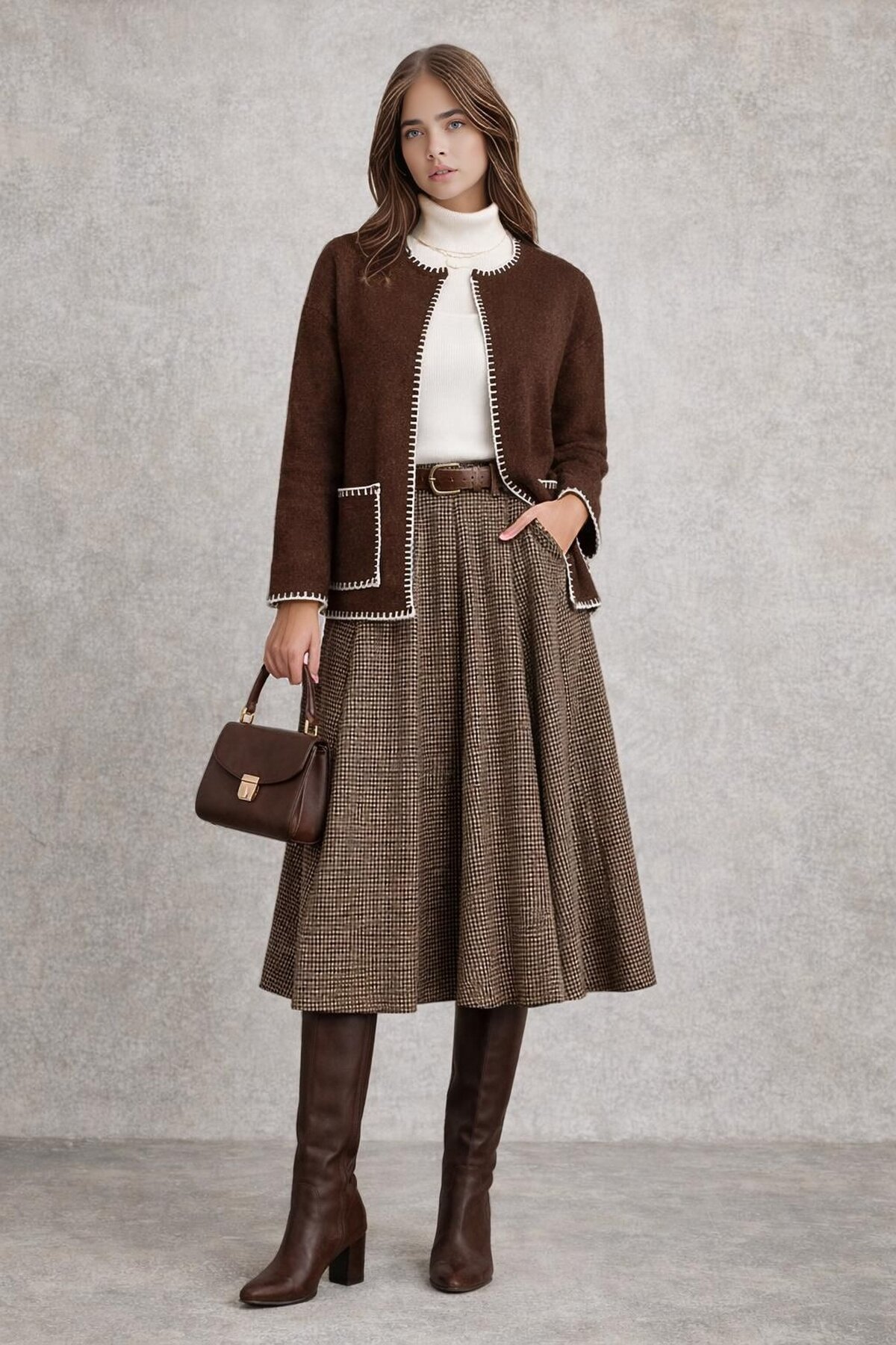 Kadın Dik Yaka İp Örgü Detaylı Rahat Kalıp Uzun Kol Tasarım Triko Ceket