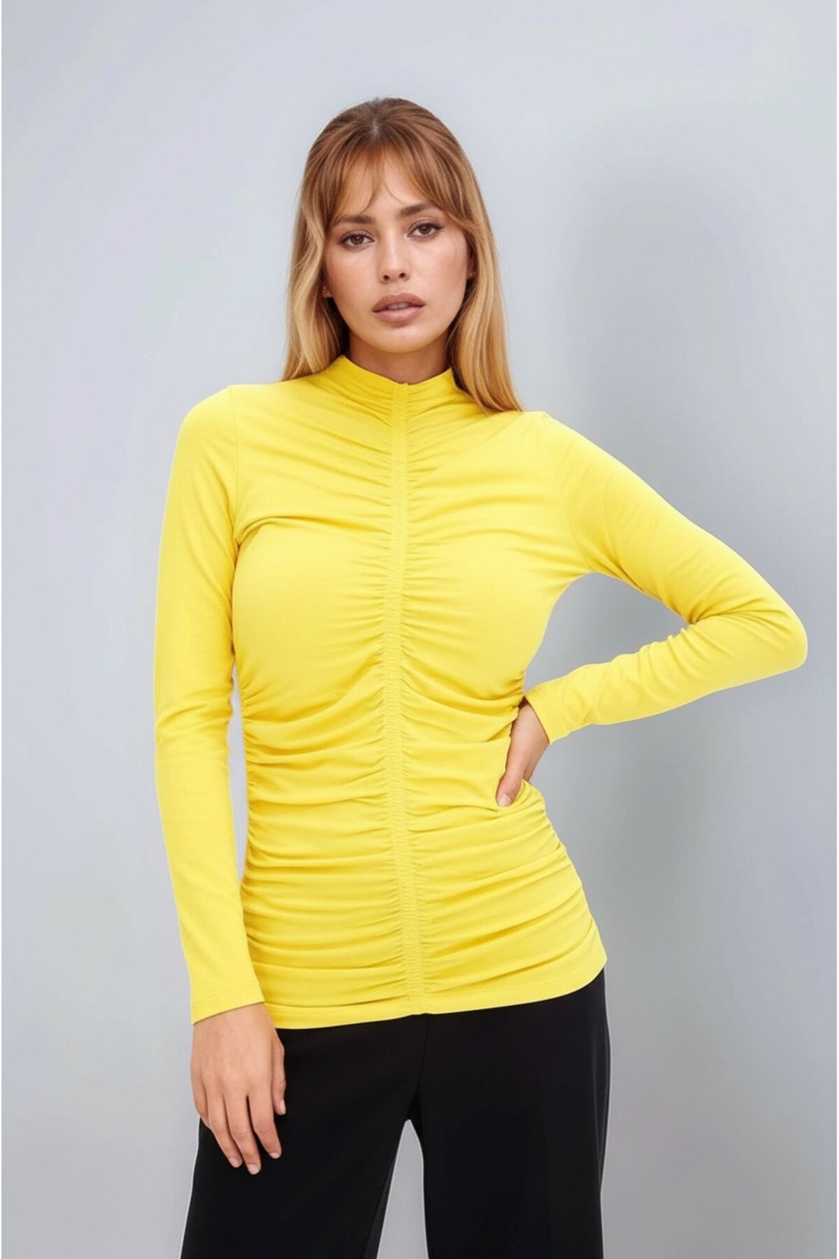 Kadın Dik Yaka Önden Büzgülü Uzun Kol Casual Viskon Spor Şık Büyük Beden Curve Bluz